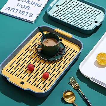 Double-Layer Plastic Dish Drainer Rack with Cutlery Filter Tray, Small Rectangular Drain Board in Deep Sea Blue for Kitchen Sink Bowl Drying and Fruit Storage