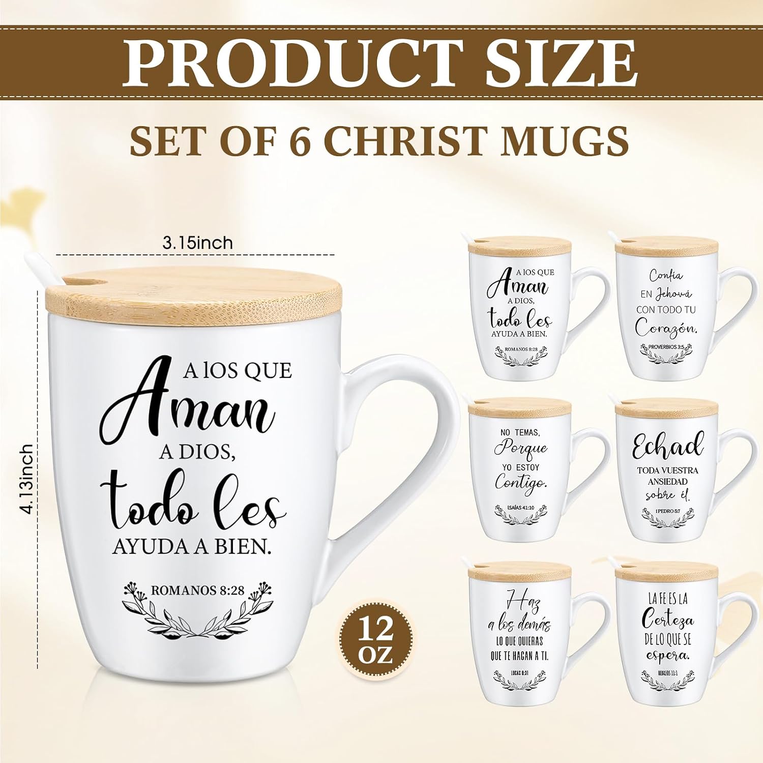 Patelai 6 Set Christian Gifts for Mothers Day Bible Verse Mugs Bulk 12oz Inspirational Religious Ceramic Coffee Mug with Lid Handle Spoon for Sunday School Church Men Women Coworker(Spanish)