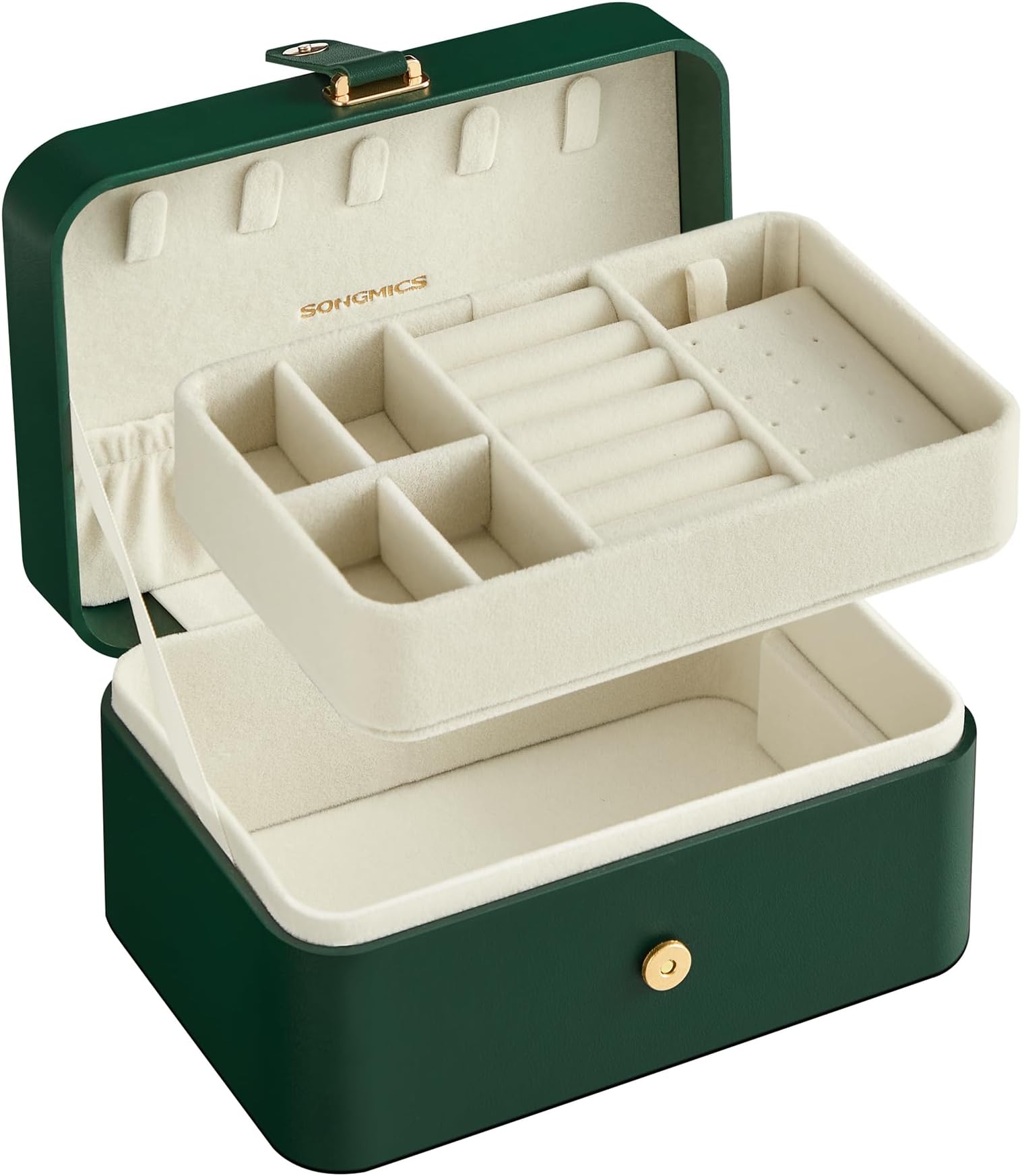 SONGMICSSONGMICS JBC166C01 Travel Jewellery Box Small 2 Tier Jewellery Storage Portable Jewellery Travel Case for Larger Accessories 11 x 16 x 8 cm Gift Idea Forest Green
