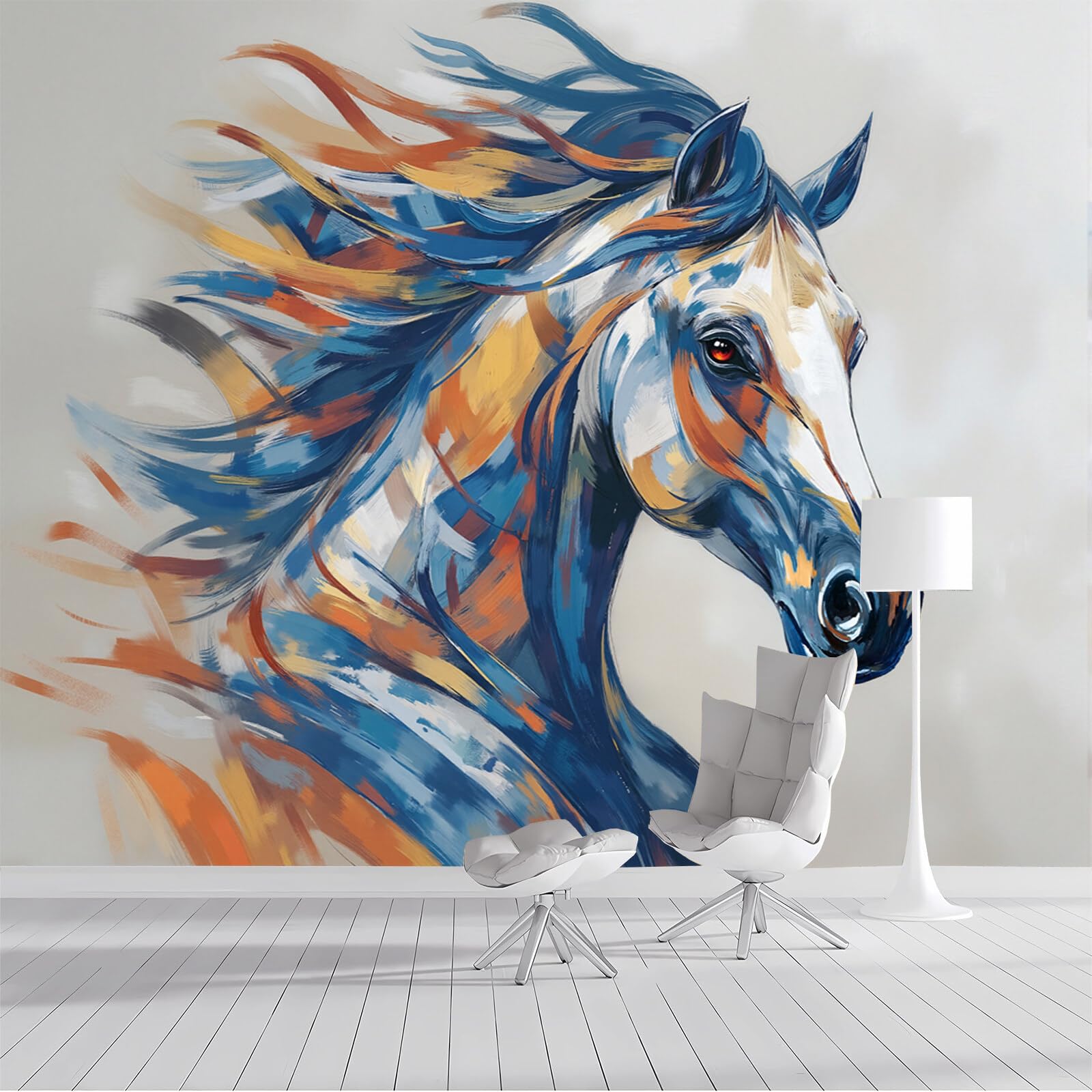 Papel pintado de caballo azul y naranja 200x140cm mural de seda óleo sala
