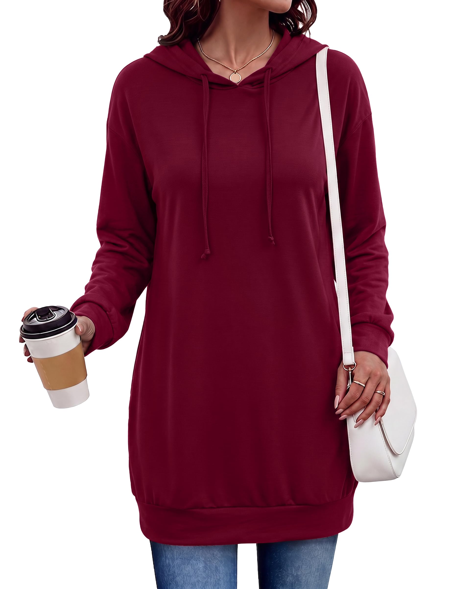 Litherday Damen Long Hoodie Sweatshirts mit Kapuze und Taschen | Damen Langarm Kapuzenpullover Kleid für Herbst Winter Slim Fit Unter Mante Sweatkleid mit Taschen Kordelzug Daily