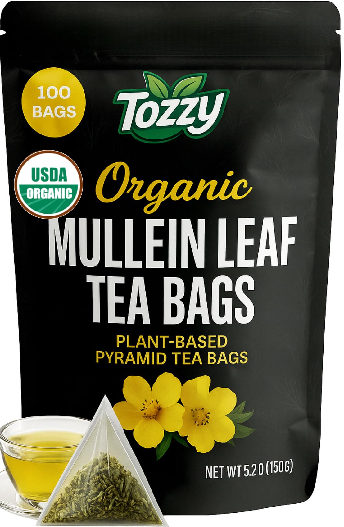 Tozzy Organic Mullein Tea 100 Count Plant-Based Pyramid Tea Bags
