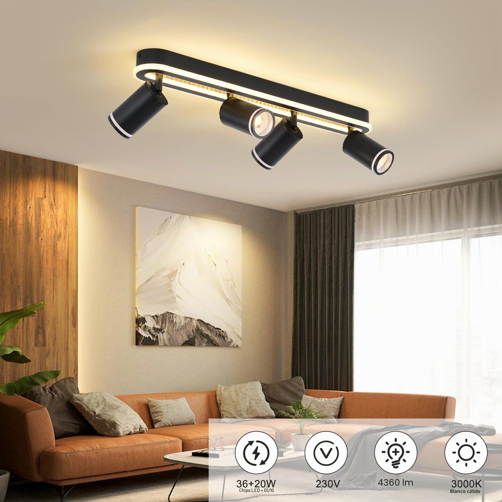 MYCUL Lampara tech 4 llamas orientable 350°,Foco de techo con resplandor inferior 36W+4x5W focos GU10,3000K blanco cálido focos led interior,Lámpara de techo moderna,Foco para cocina,Salón Negro