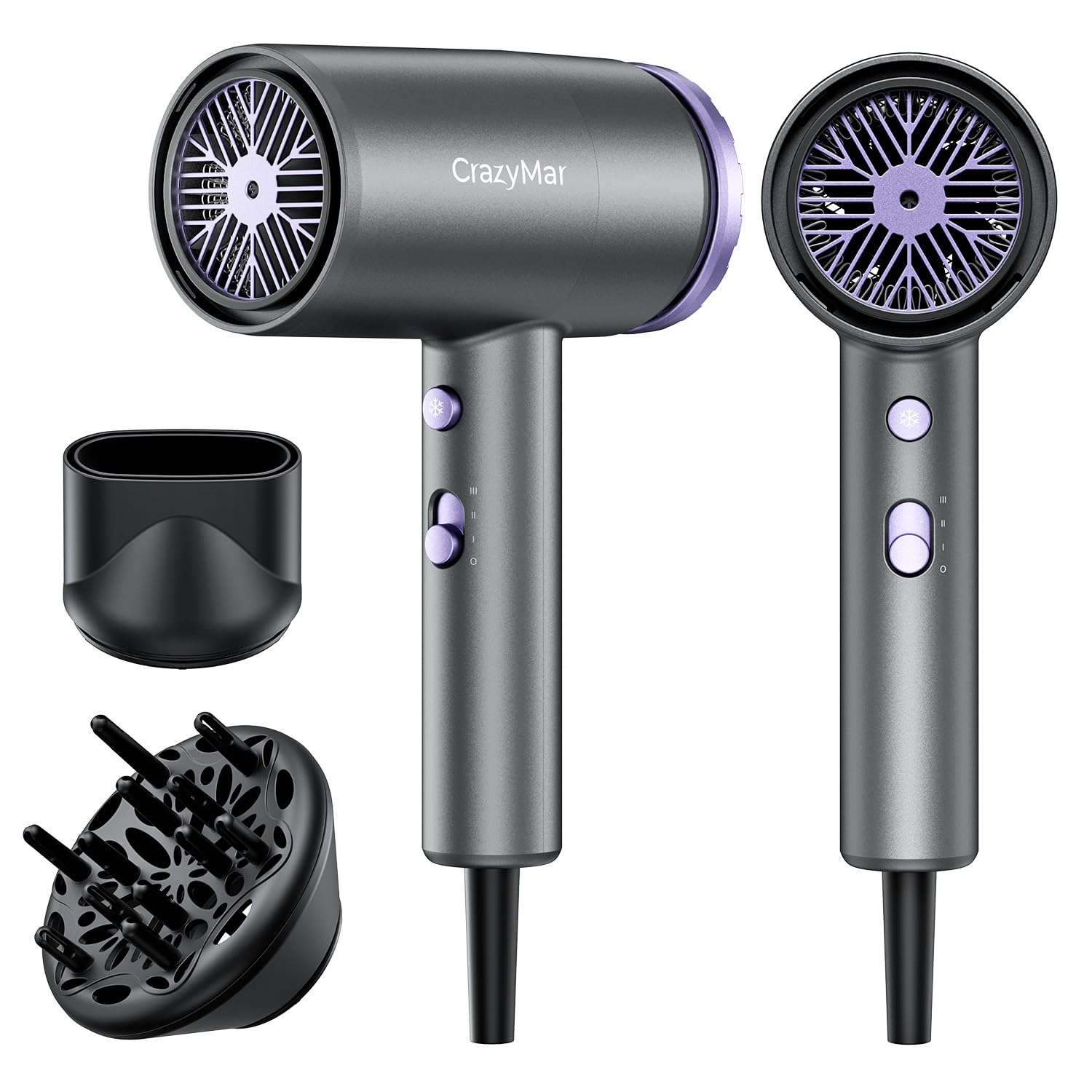 CrazyMar Föhn mit Diffusor 1800W Haartrockner, Trocknet Schnell Hair Dryer, 3 Geschwindigkeitsstufen & 3 Temperaturen, 3,5 Milliarden Ionen Fön, Ausgestattet mit Concentrators and Diffuser (Grau)