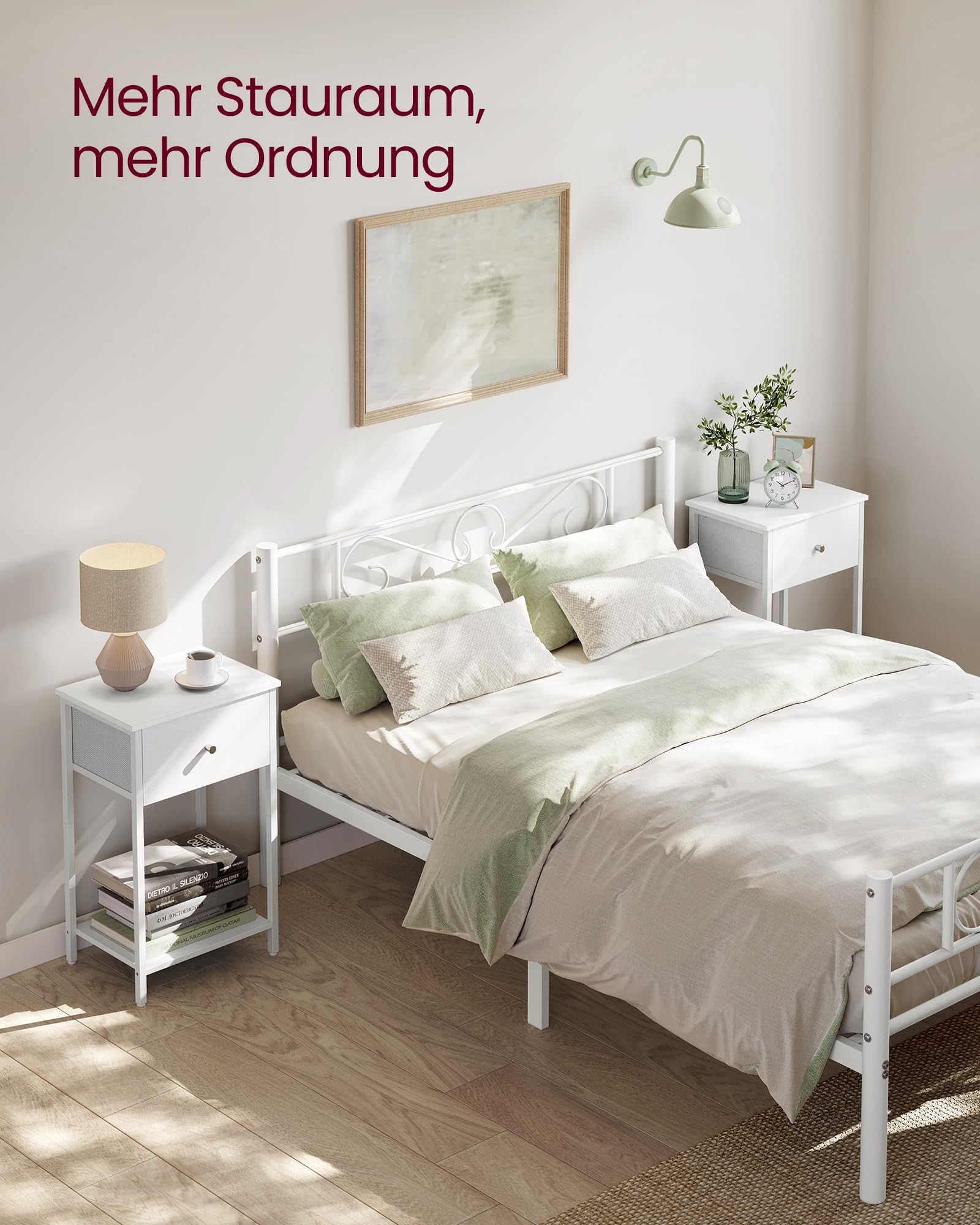 VASAGLE Nachttisch, Beistelltisch mit Stoff-Schublade, 61 cm hoher Nachtschrank, mit Ablage, für Wohnzimmer, Schlafzimmer, weiß LGS221W14