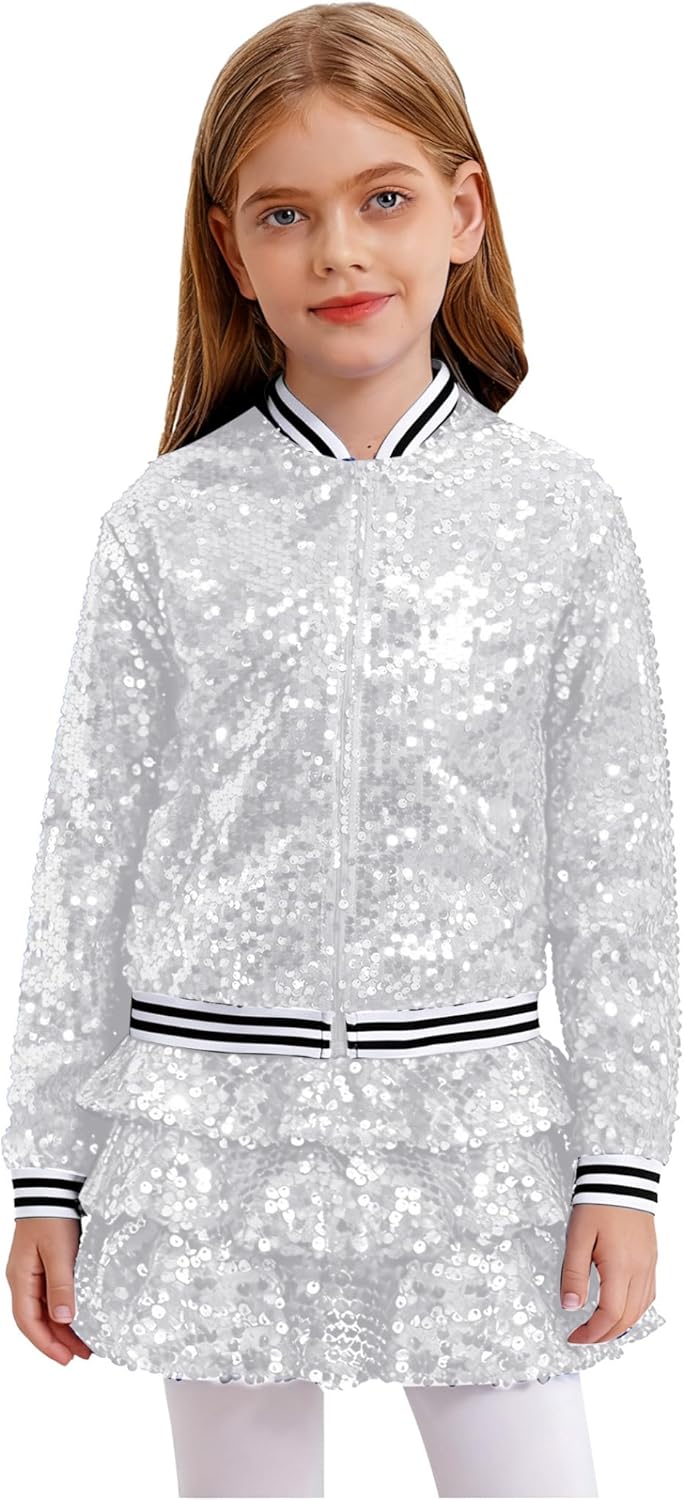 JEYPINMI Kids Girls Sequin Dance Outfit Set 2 Piece Sparkly Bomber Jacket with Tiered Ruffle Mini Skirt Silver 14 Years