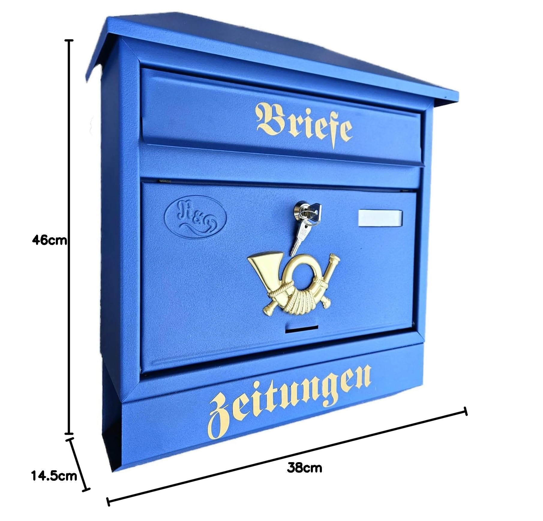 Großer Briefkasten/Postkasten XXL Blau Matt RAL 5005 mit Zeitungsrolle Zeitungsfach Schrägdach Trapezdach Wandmontage