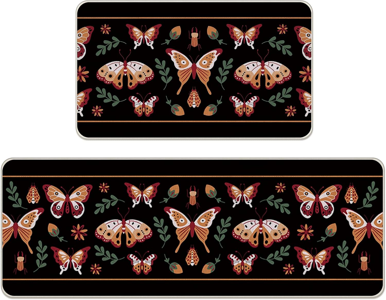 Boho Butterfly Floral Kitchen Rugs Set of 2, Green Botanical Flowers Floor Mats Home Decor, Spring Summer Bohemian Plants Door Mat Decorations - 17x29 and 17x47 Inches