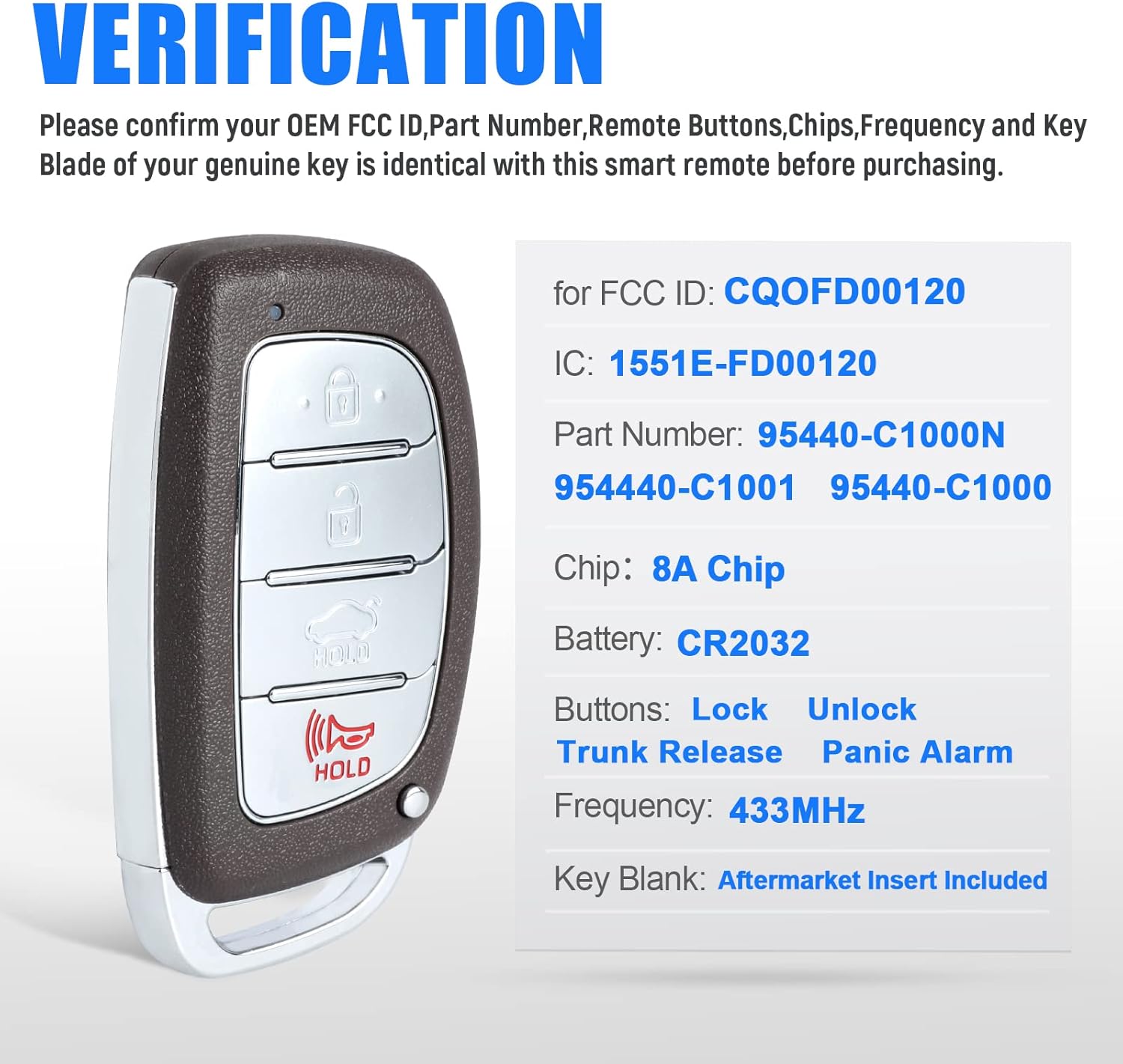 Keyless Entry Remote Key Fob Replacement for Hyundai Sonata 2015 2016 2017 4 Buttons 433MHz 8A Chip (FCC:CQOFD00120 P/N:95440-C1001 95440-C1000N,95440-C1000)