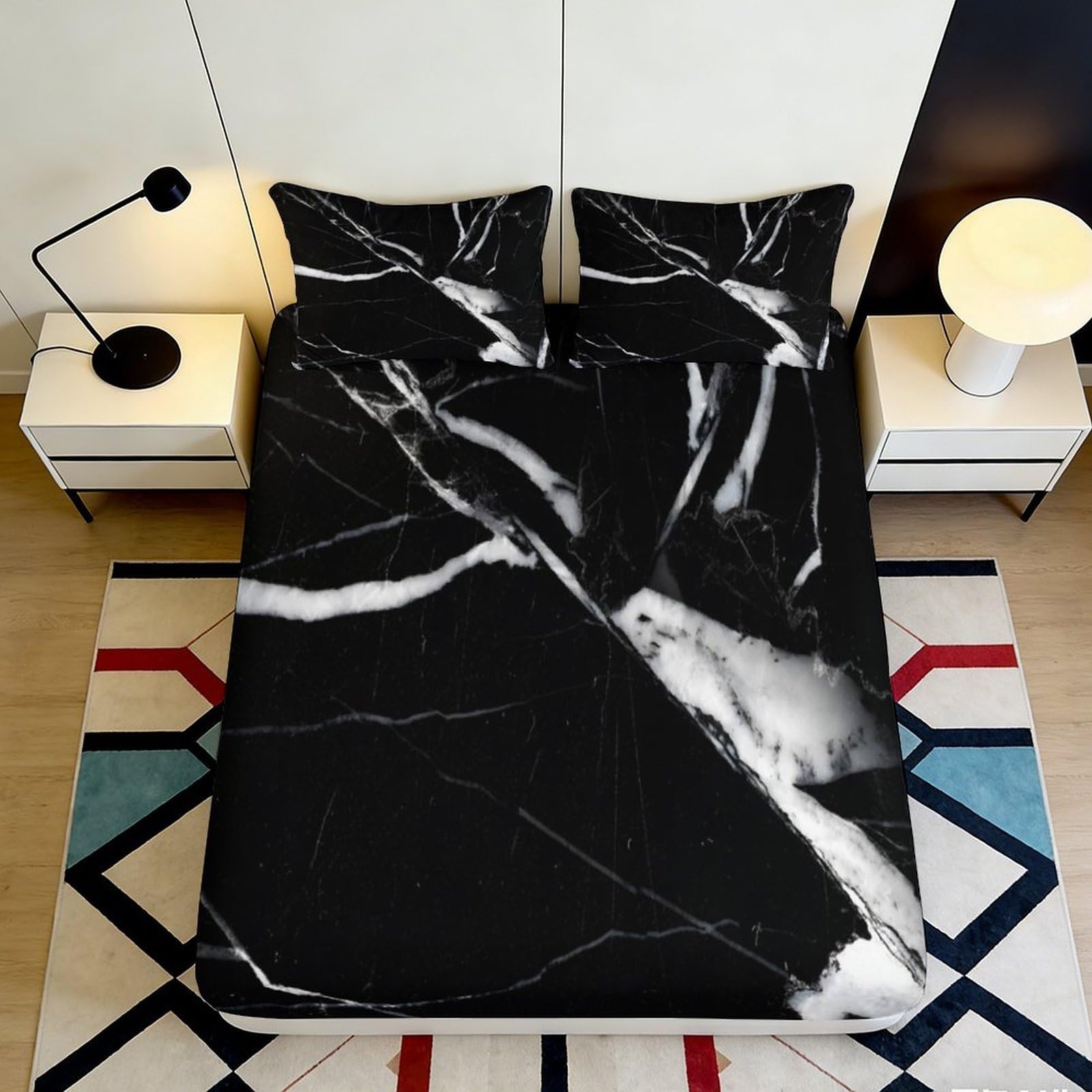 3D Printed black marble Fitted Sheet, soft touch Microfiber, wrinkle resistant, Bed Cover for bedroom, guest room bedding, easy care 115 90x200x25cm