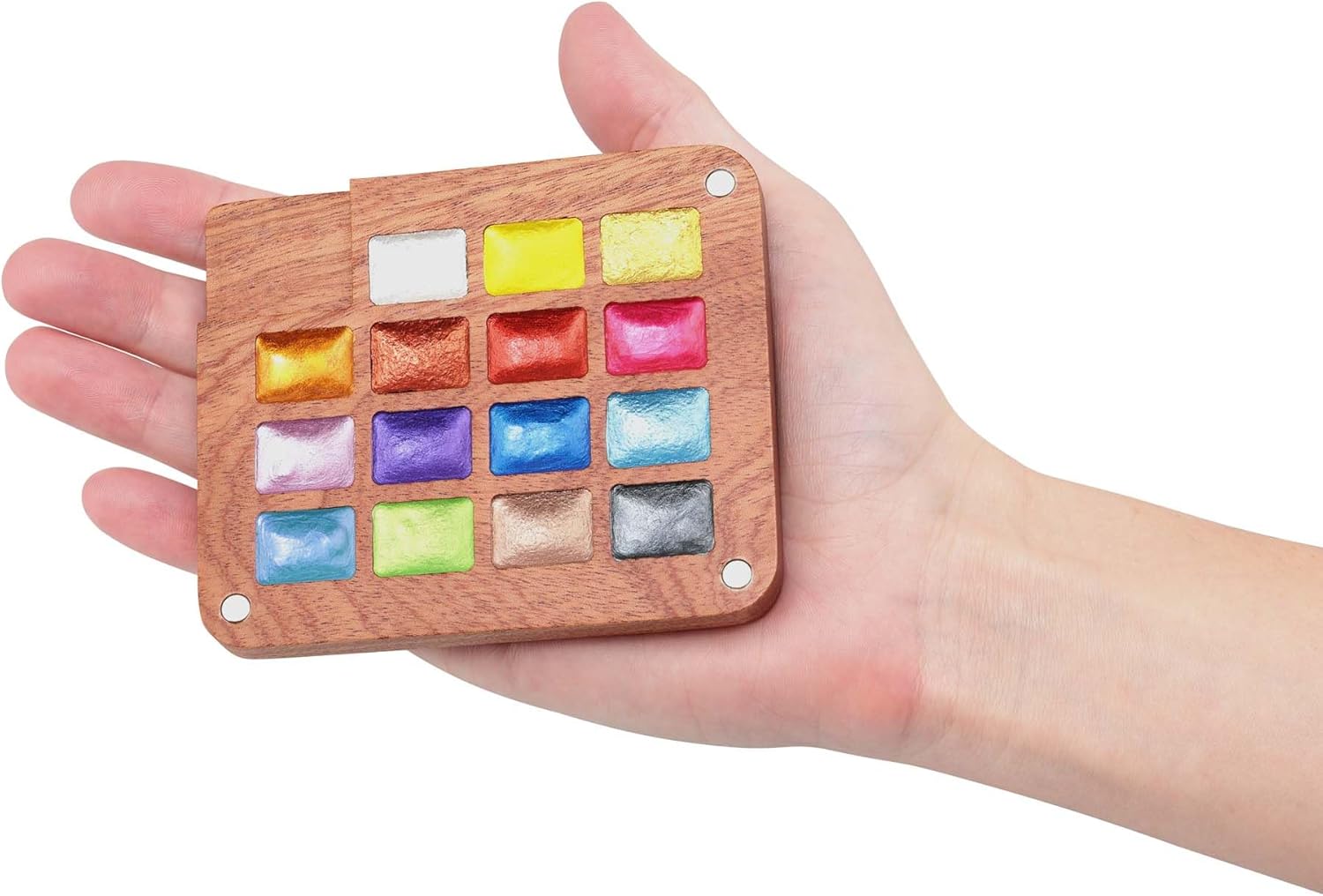Soho Urban Artist Mini Wooden Travel Watercolor Palette of 15 Metallic Colors - Professional Watercolor Paint Set for Plein Air Artists, Semi-Moist Pans, Pocket (Pack of 2)