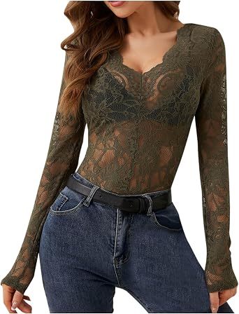 Lace Long Sleeve Tops for Women See Through Party Shirt Womens Deep V Neck Shirt Sexy Floral Lace Layering Tops