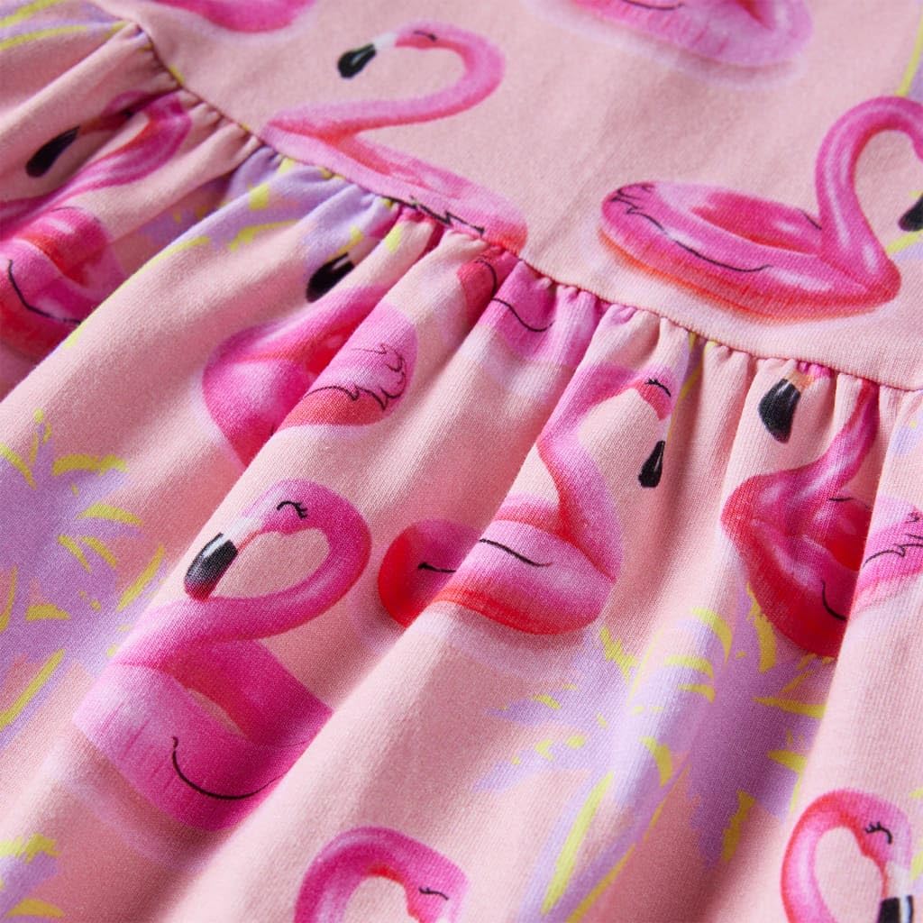 Vestido infantil rosa claro de algodón con manga corta y cuello redondo, talla 128 para niña, estampado con flotadores y árboles de flamenco