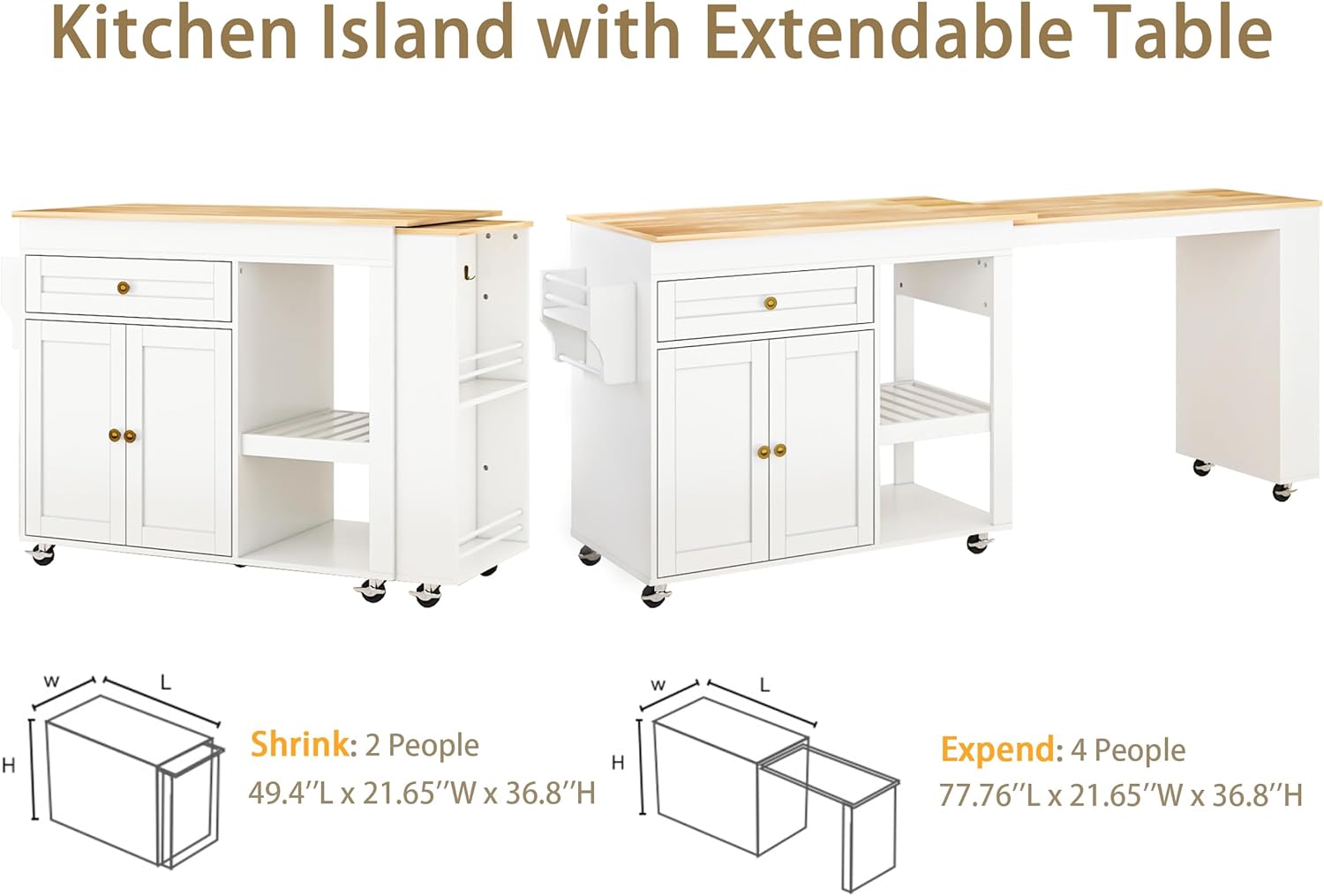 77.8" Kitchen Island with Extendable Table, Rolling Kitchen Island with Storage Cabinet, Drawers, Spice Rack, Towel Rack, Mobile Kitchen Storage Islands for Dining Room, White
