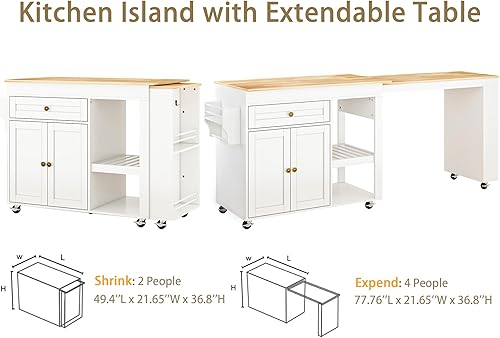 Miniatura 5 de Isla de cocina de 77.8 pulgadas con mesa extensible, isla de cocina rodante con armario de almacenamiento, cajones, estante para especias, toallero,