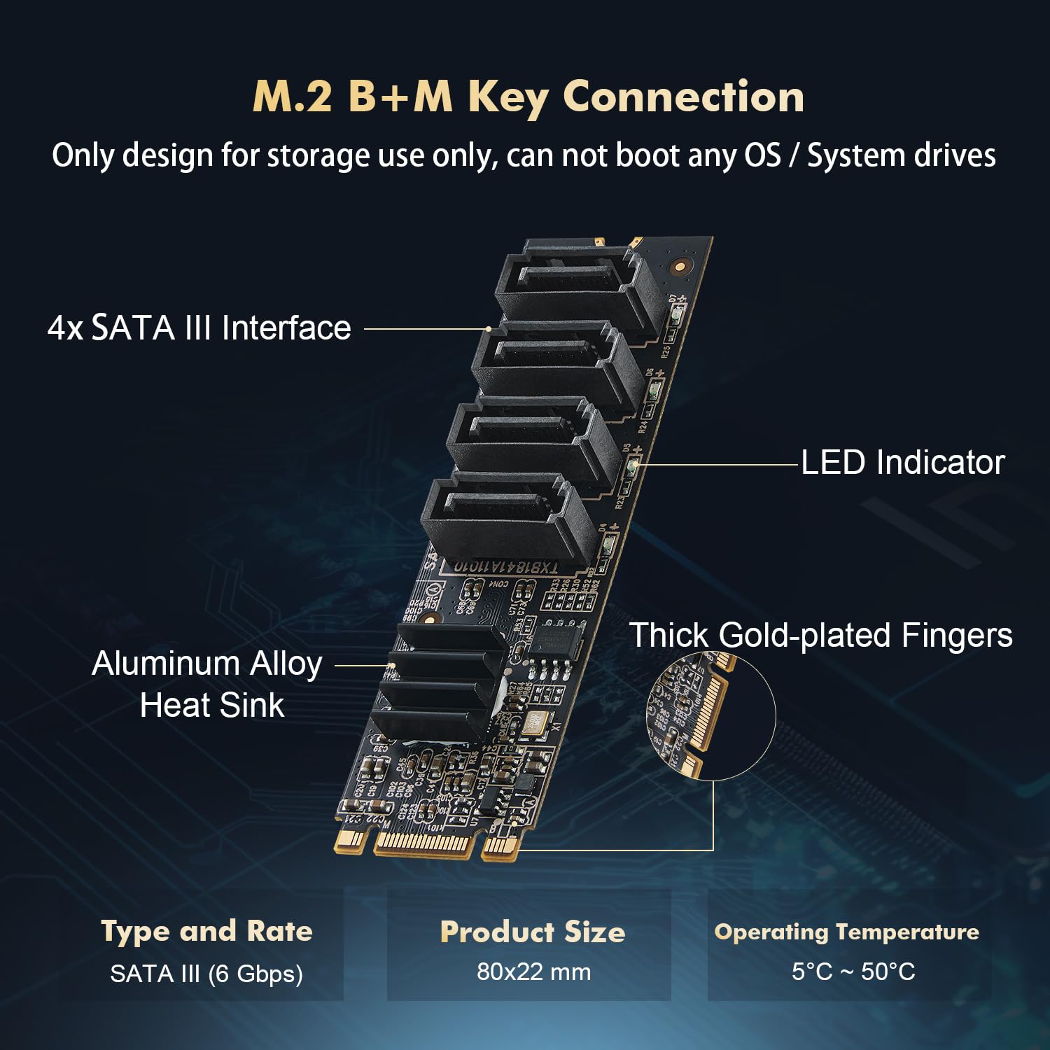 Binardat M.2 a scheda SATA a 4 porte, controller SATA 3.0 da 6 Gbps, include 4 cavi, per Windows 10/11