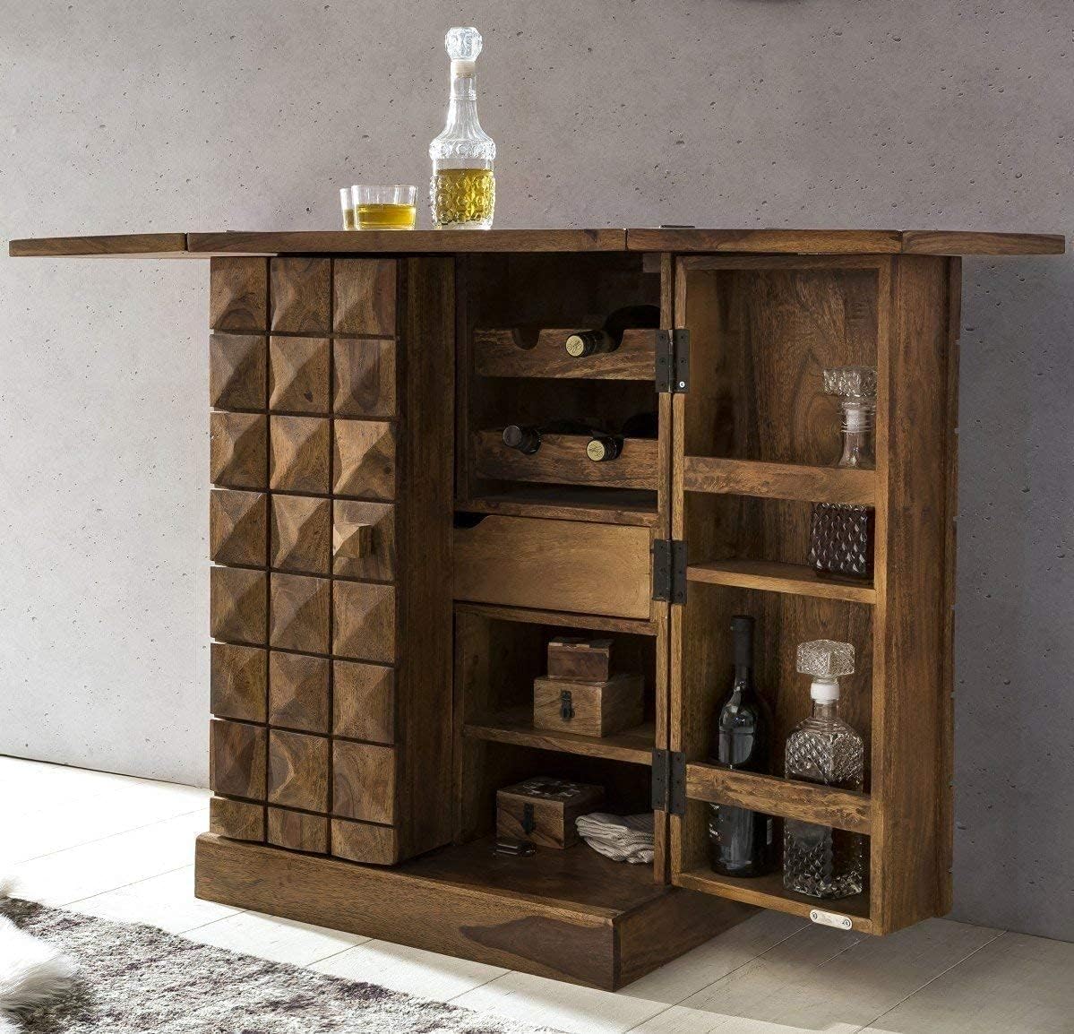 Ganpati Arts Sheesham Wood Bar Cabinet for Home Mini Bar Cabinet Solid Wooden Wine Storage Shelf Rack with Drawer & Glass Holder - (Natural Brown Finish) 1 Year Warranty