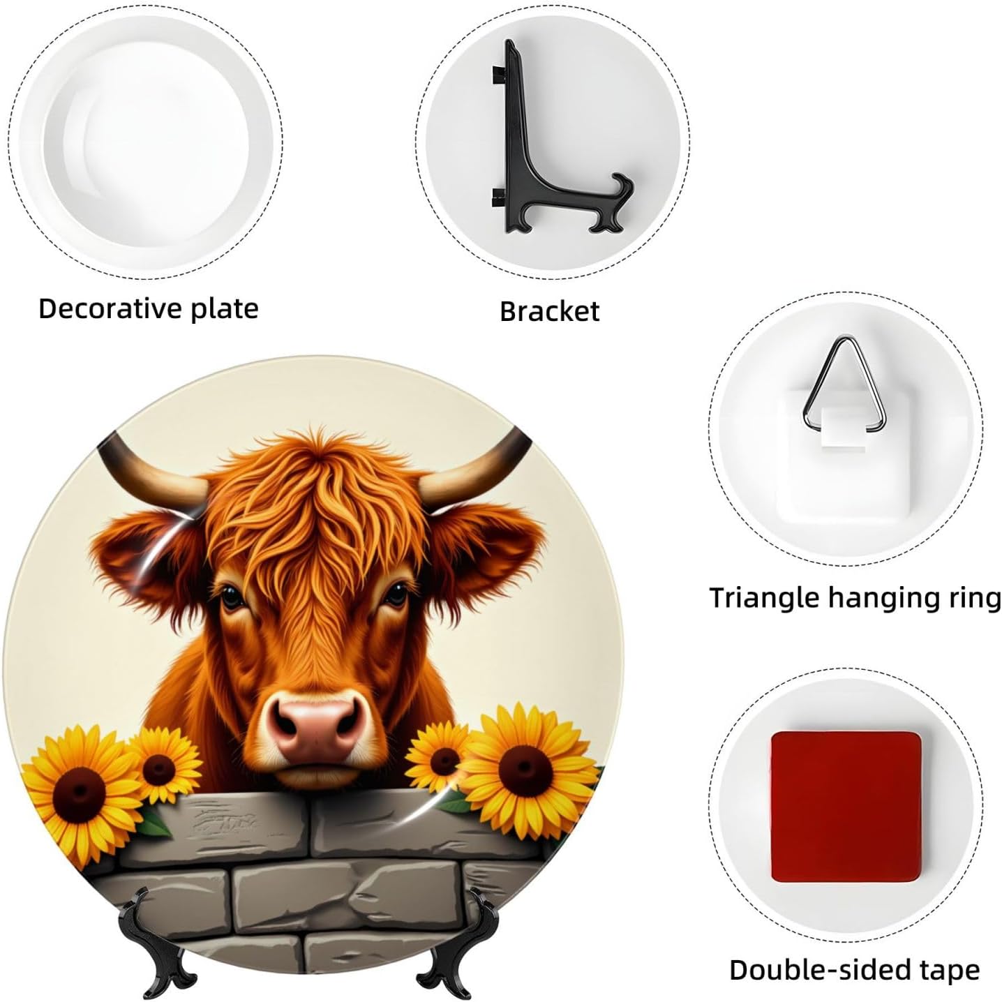 Bull And Sunflowers Style Ceramic Plate Display Decorative Plate With Stand Wall Hanging Plate For Home Decor 10 Inch