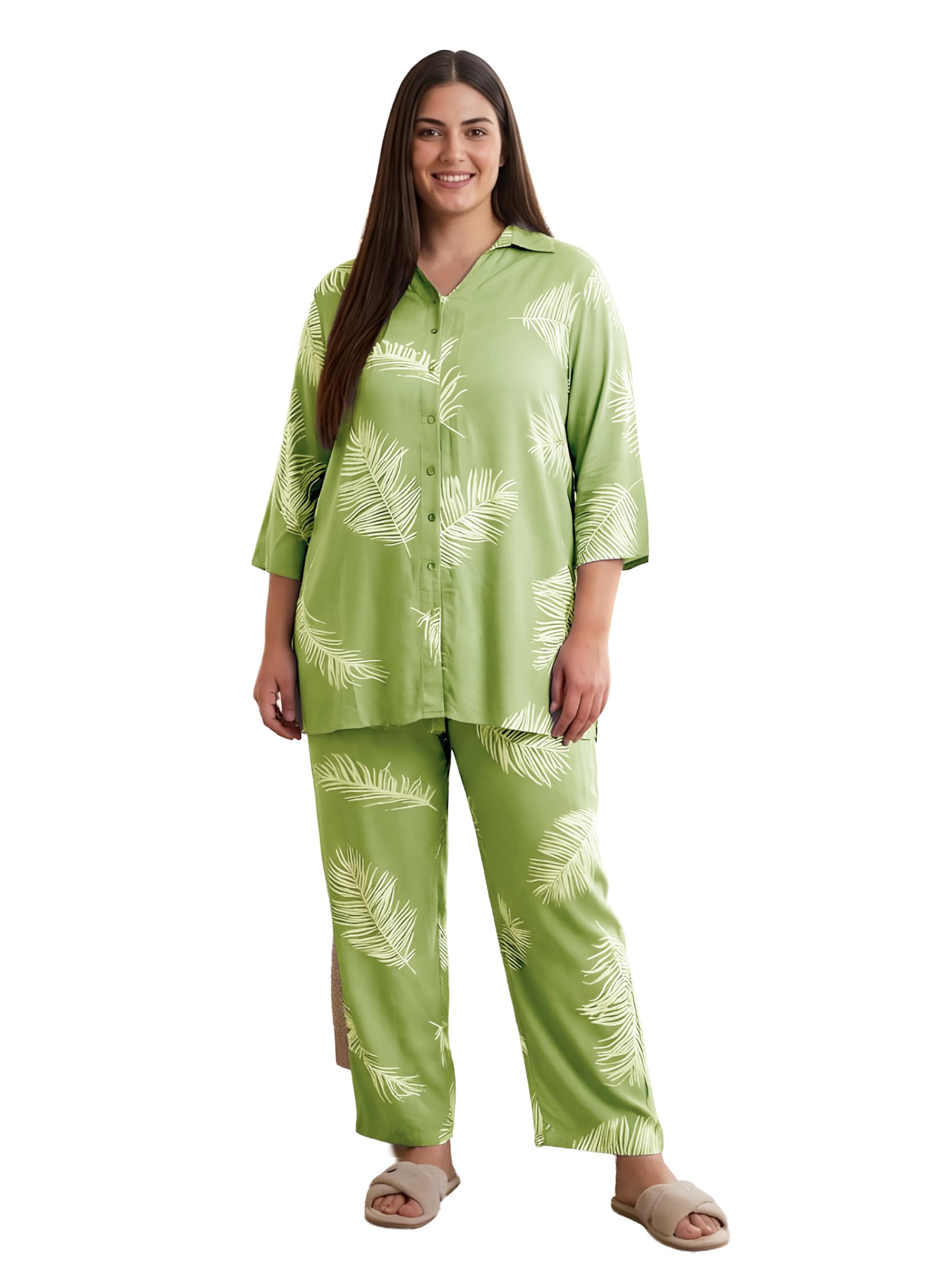 Indietoga Women Leaf Print Rayon Shirt and Pyjamas Nightsuit (2XL to 7XL)-image-13