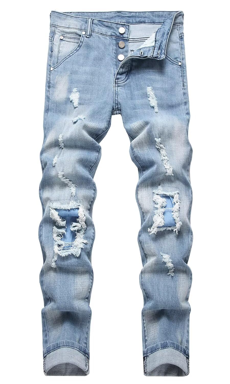 HENGAO Men's Ripped Jeans Slim Fit Stretch Straight Fit Denim Pants