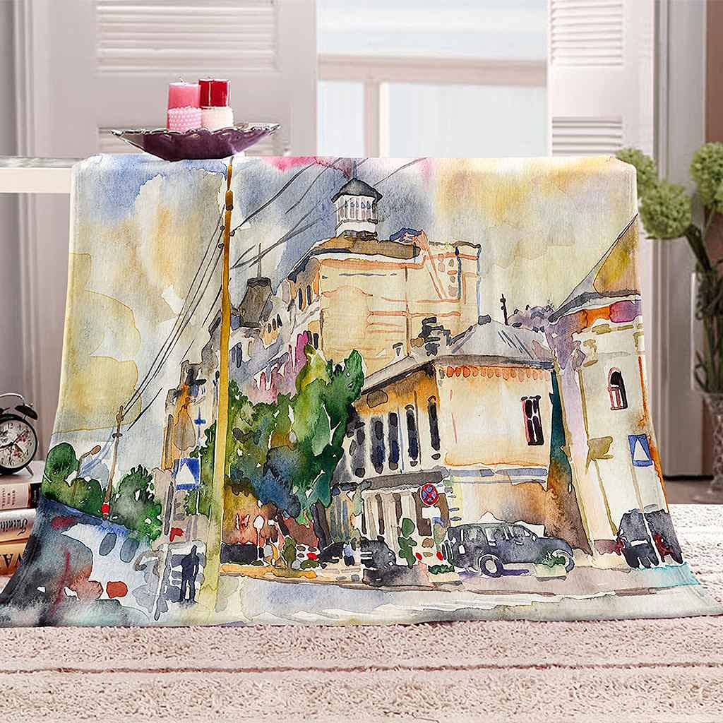 Couverture sofa 3D ville aquarelle pour cocooning au salon en hiver