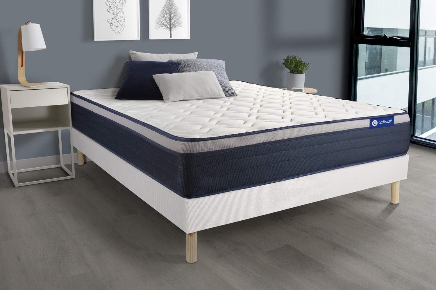 Ensemble Matelas Sommier 90x200 Cm - Sommier Gris (en Kit) - Actilatex Form