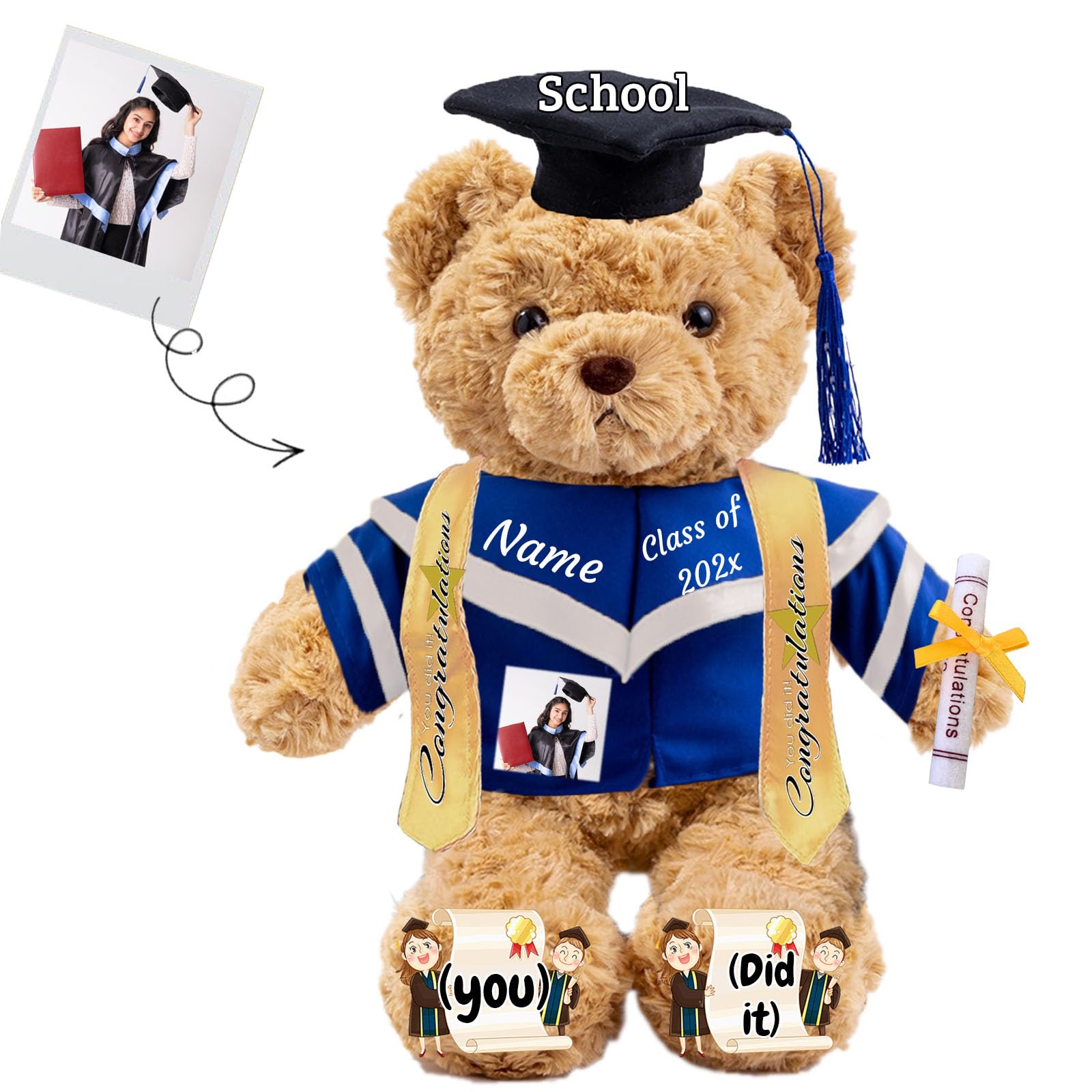 JABECODIFA Graduation Gifts 2026 Teddy Bear with Text+Photo, Personalised Bear Plush Toys as Graduation Gift for Her Him as High School College Kindergarten Grad Day (11 IN-Text+Photo)