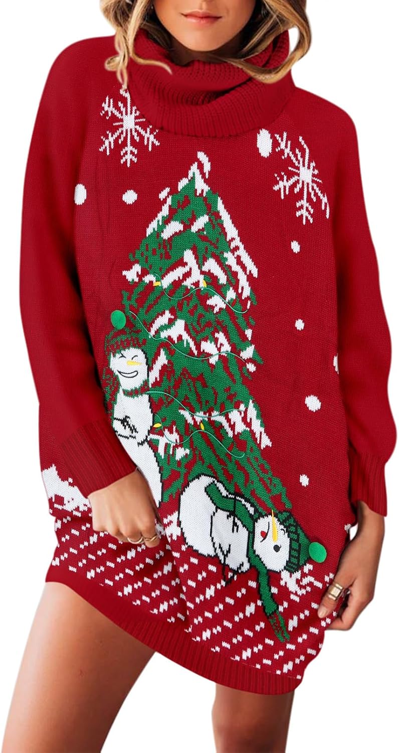 Pink Queen Ugly Christmas Sweater Dresses for Women Oversized Turtleneck Pullover Holiday Dress with Pocket - Image 2