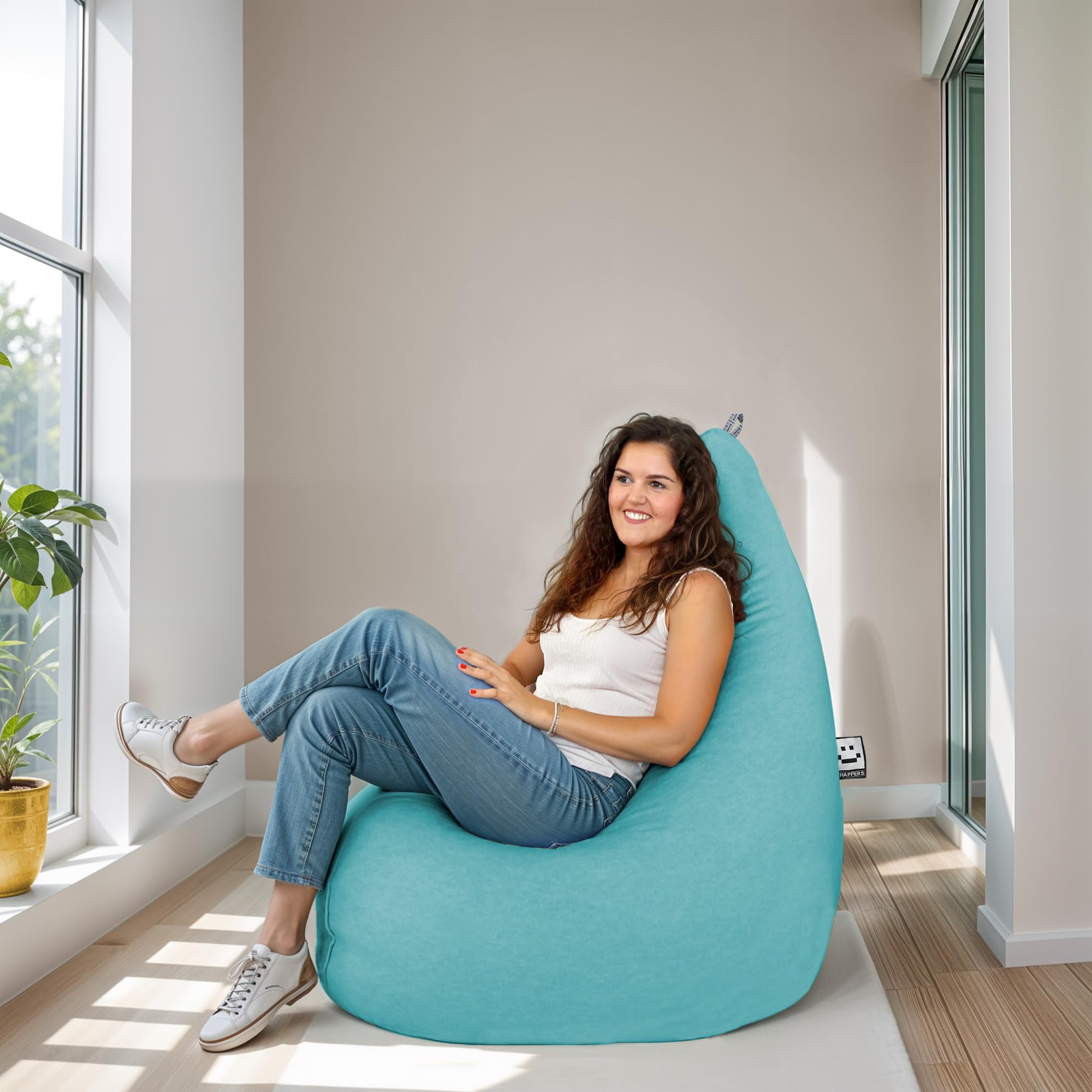 HAPPERS Puff Pera Relax Terciopelo Turquesa, Puff para Salón Tejido Tacto Piel de melocotón