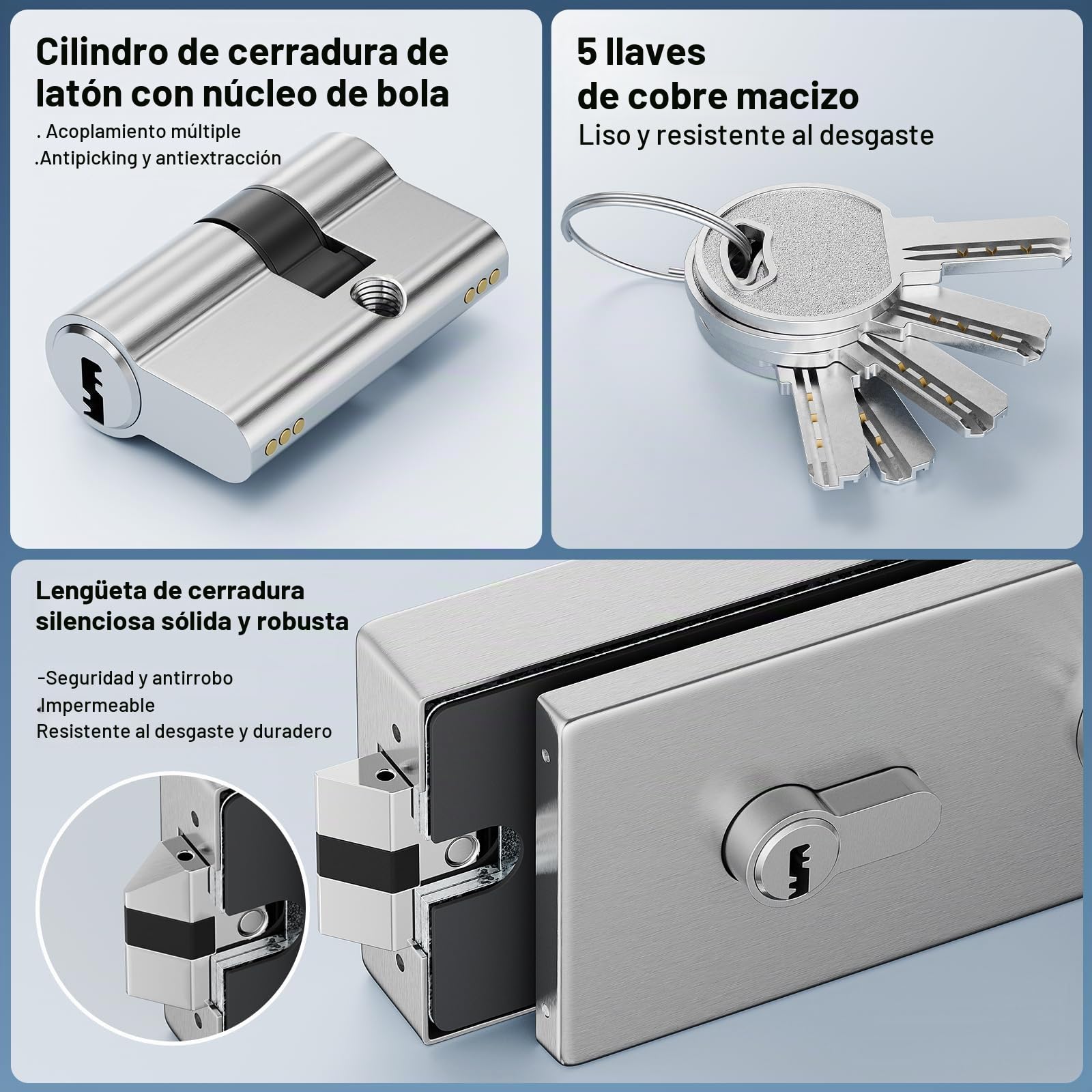 Ranbo Cerradura para Puerta de Cristal sin Marco, Plata Cepillada | Acero inoxidable 304 con cilindro, llaves y manillas a ambos lados, para cristal templado de 8–12 mm