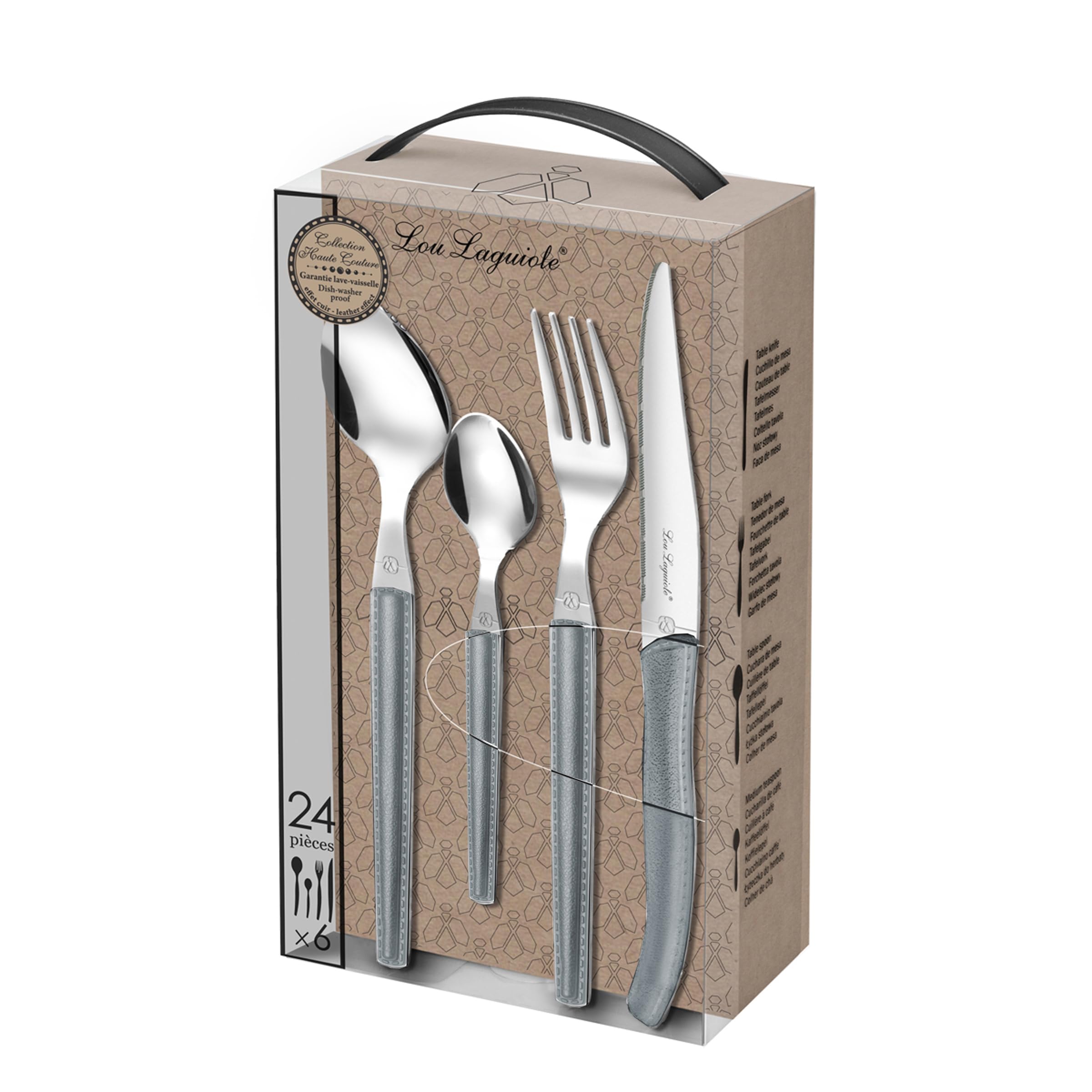 Ménagère 24 Pièces Laguiole Tradition Gris Poivre – Valisette 6 Personnes, Inox 18/0 Brillant