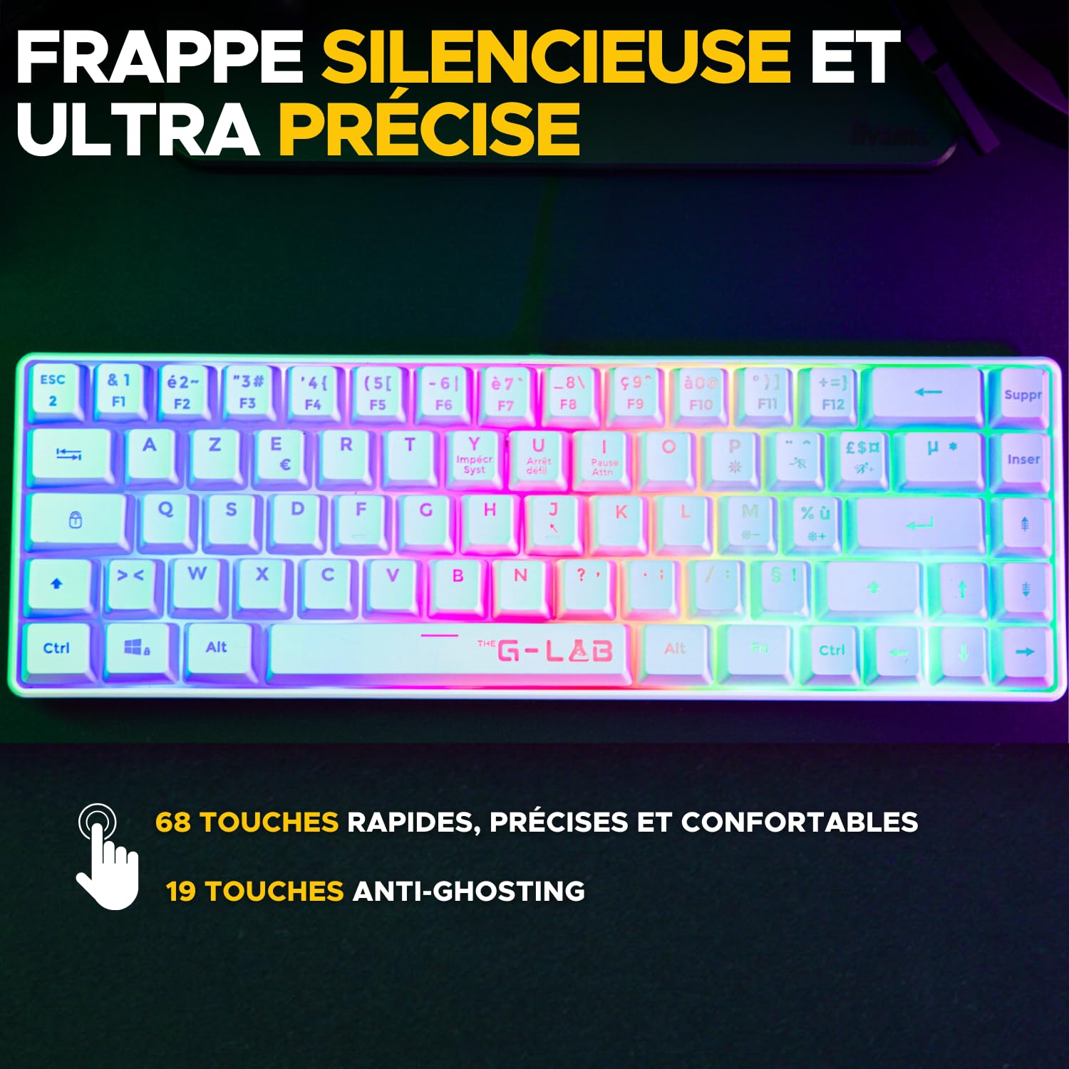 The G-Lab - Keyz Hydrogen WL- Clavier Gamer sans Fil, Clavier 60% Semi-mécanique, Azerty, RGB Multicolore - sans Fil Silencieux, Format Compact TKL - PC/PS4/PS5- New (Blanc)