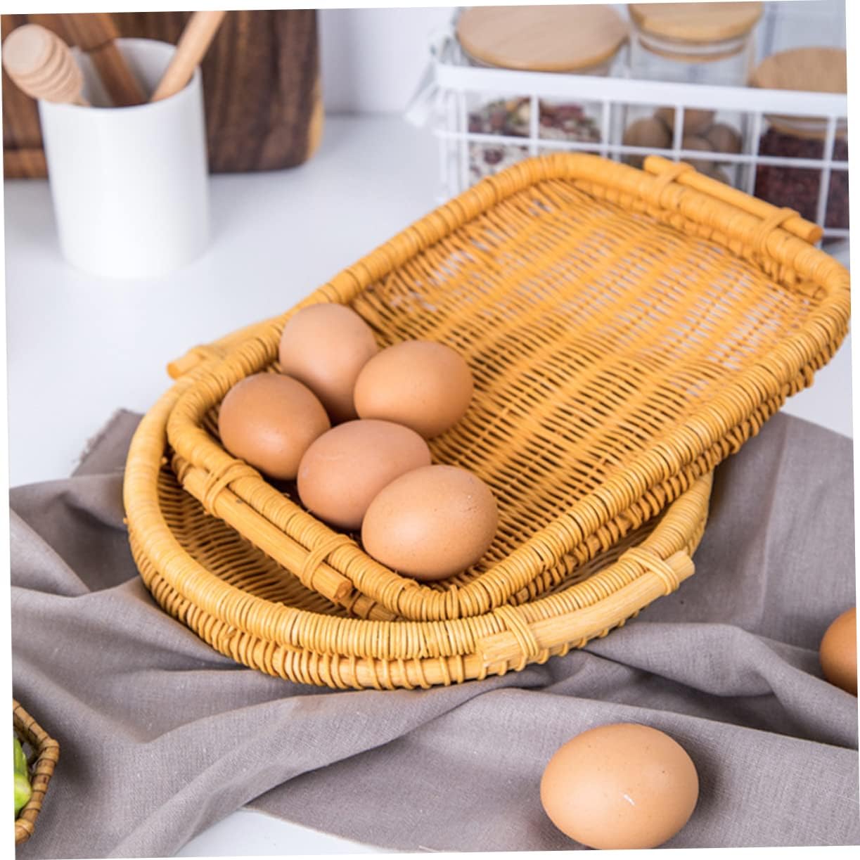 Cabilock 3pcs Hand-woven Rattan Fruit Basket Decorative Food Storage Holder Rectangle Design for Bread Baking and Fruit Food Display Basket for Kitchen Photography Props