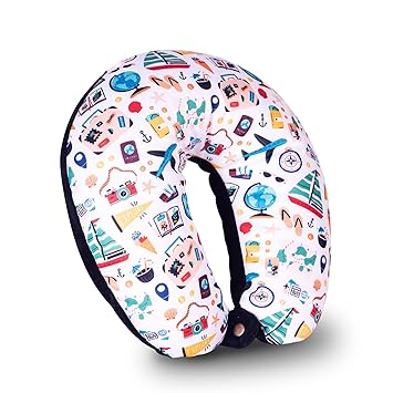 HOOPY Travel Neck Pillow in Soft Fabric for Head, Neck, Shoulder Support Filled with Soft Memory Foam Filling | Multi Purpose Neck Pillow| Neck Rest | Neck Pain | Transport Print - image, photos