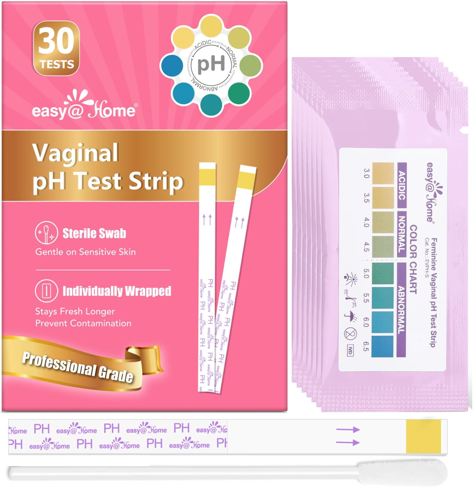 Easy@Home Vaginal pH Test -30 Strips | BV Test Kit at Home for Women | Yeast Infection Test + pH Balance for Women
