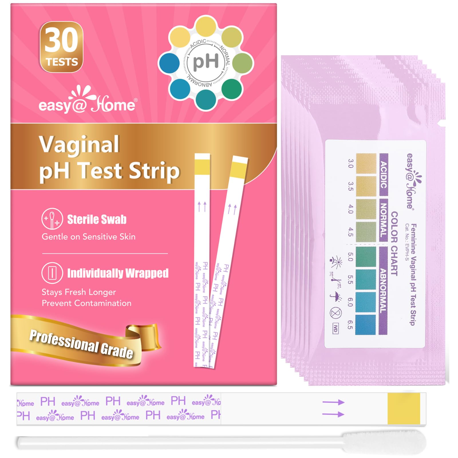 Vaginal pH Test -30 Strips | BV Test Kit at Home for Women | Yeast Infection Test + pH Balance for Women