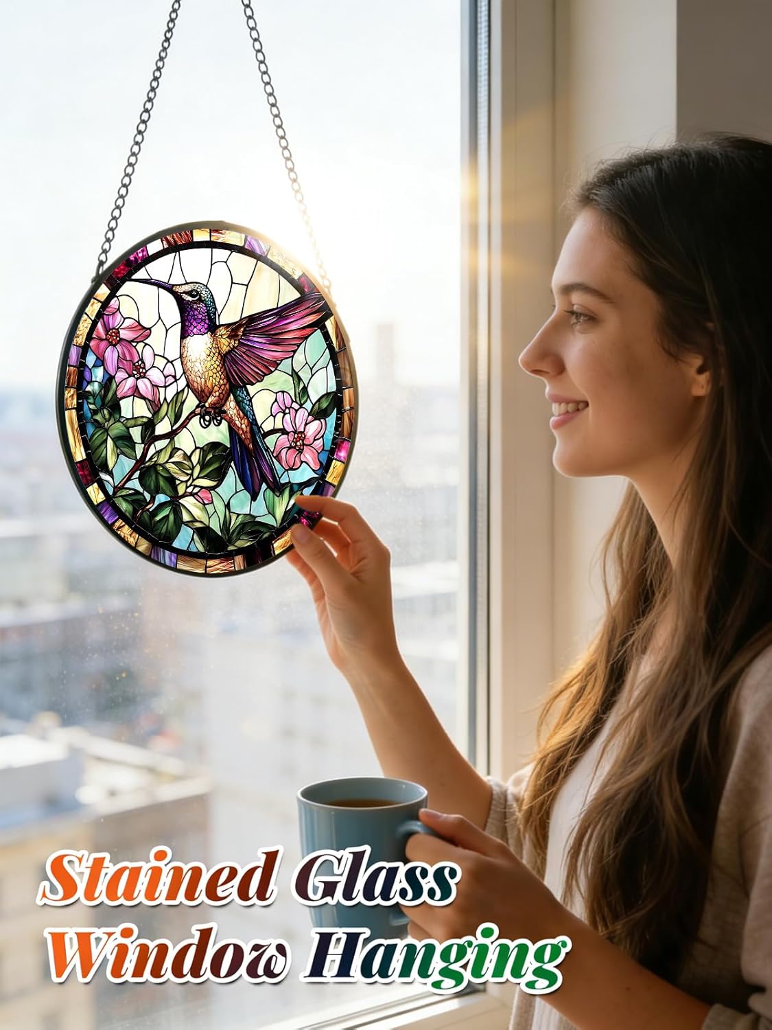 Stained Glass Window Hanging, Hummingbird Suncatcher for Door Home Decor, Birds Flowers Sun Catcher Ornament Mother's Day Birthday Gifts for Bird Lovers Women Men Mom 6.3 in - Image 2