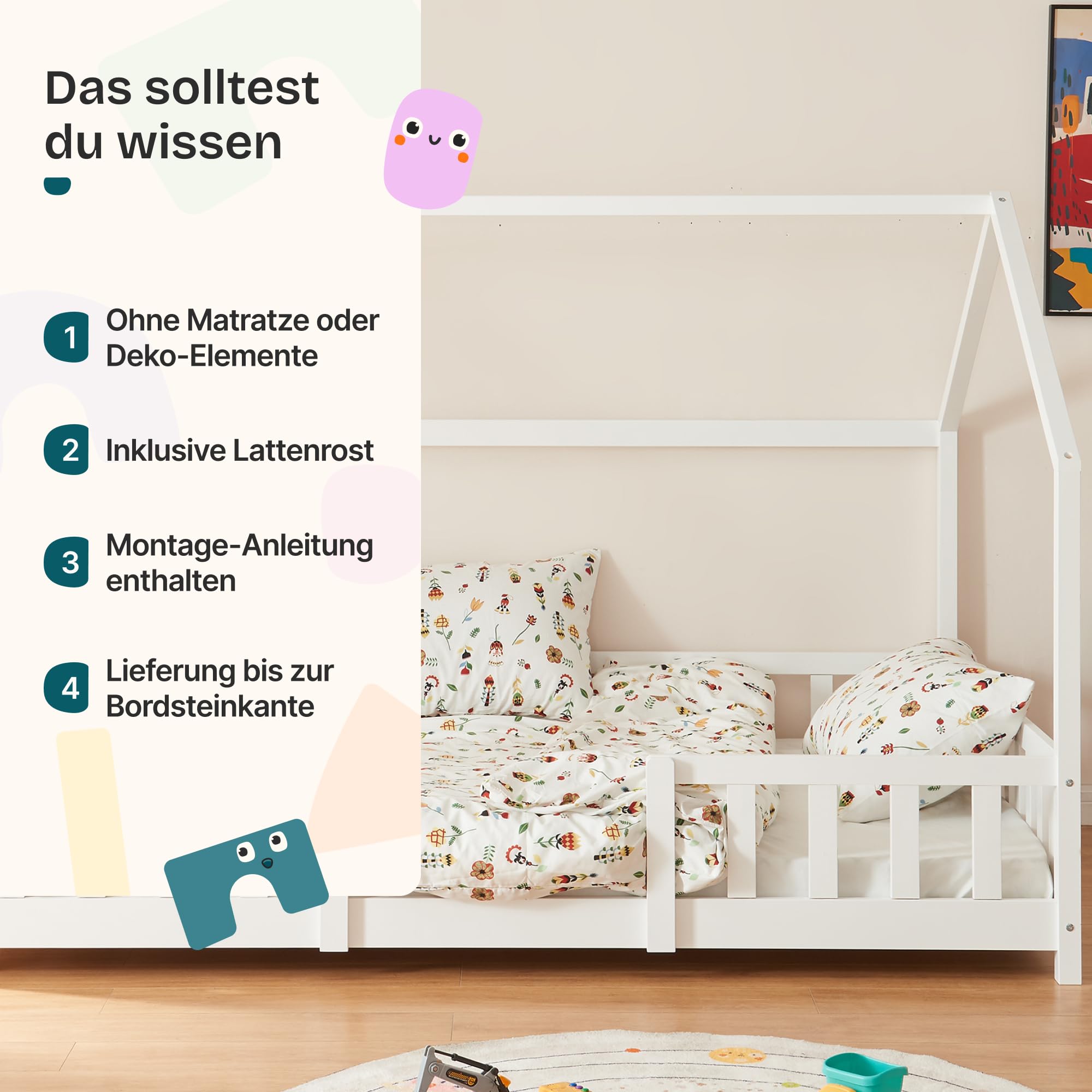 Kinderbett Sisimiut Hausbett Montessori 140 x 200 cm mit Rausfallschutz Holzbett Kiefernholz Weiß matt
