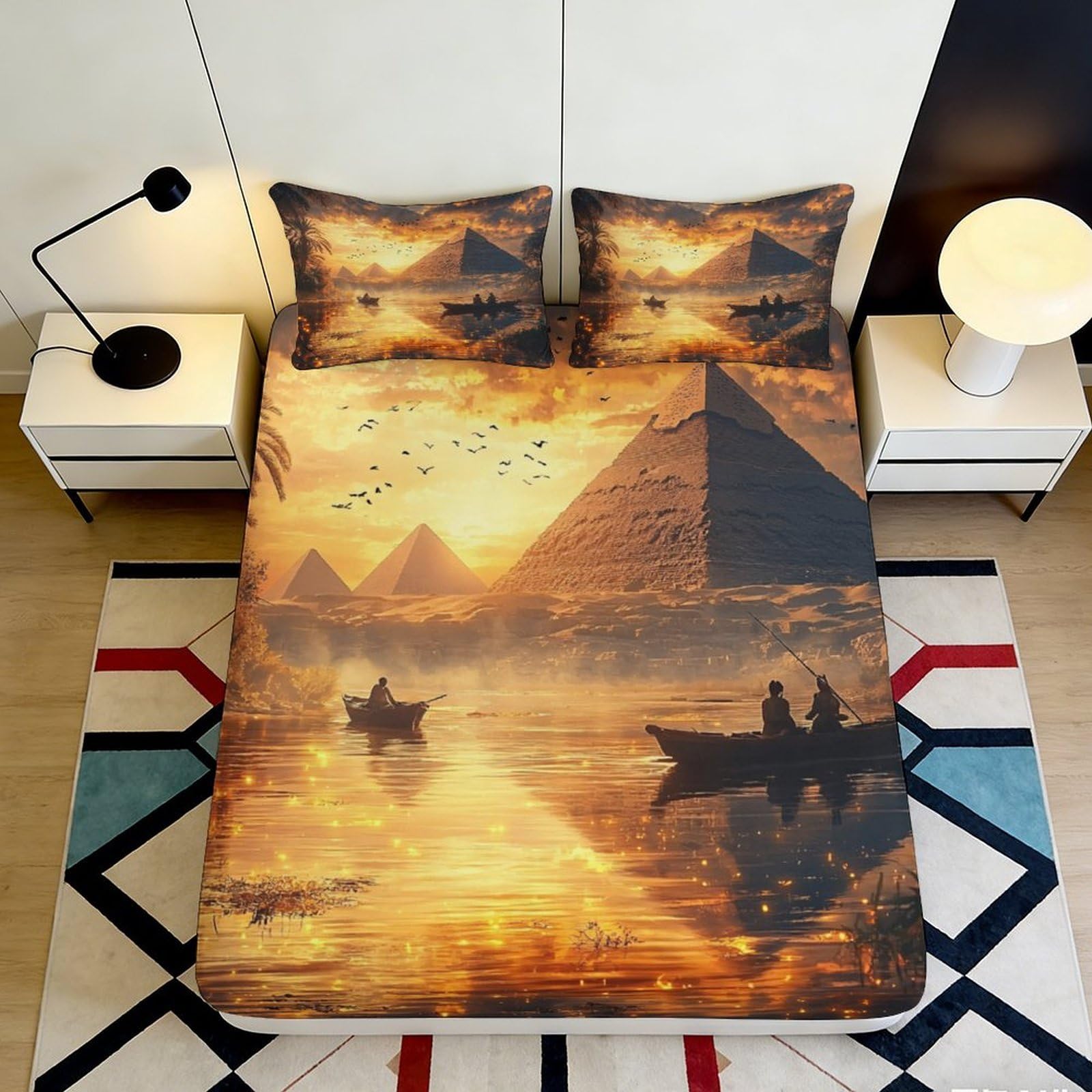 3D Printed Sunset Pyramid Fitted Sheet Microfiber Golden River Bed Cover for Bedroom Guest Room Mattress Decor 90x200x25cm