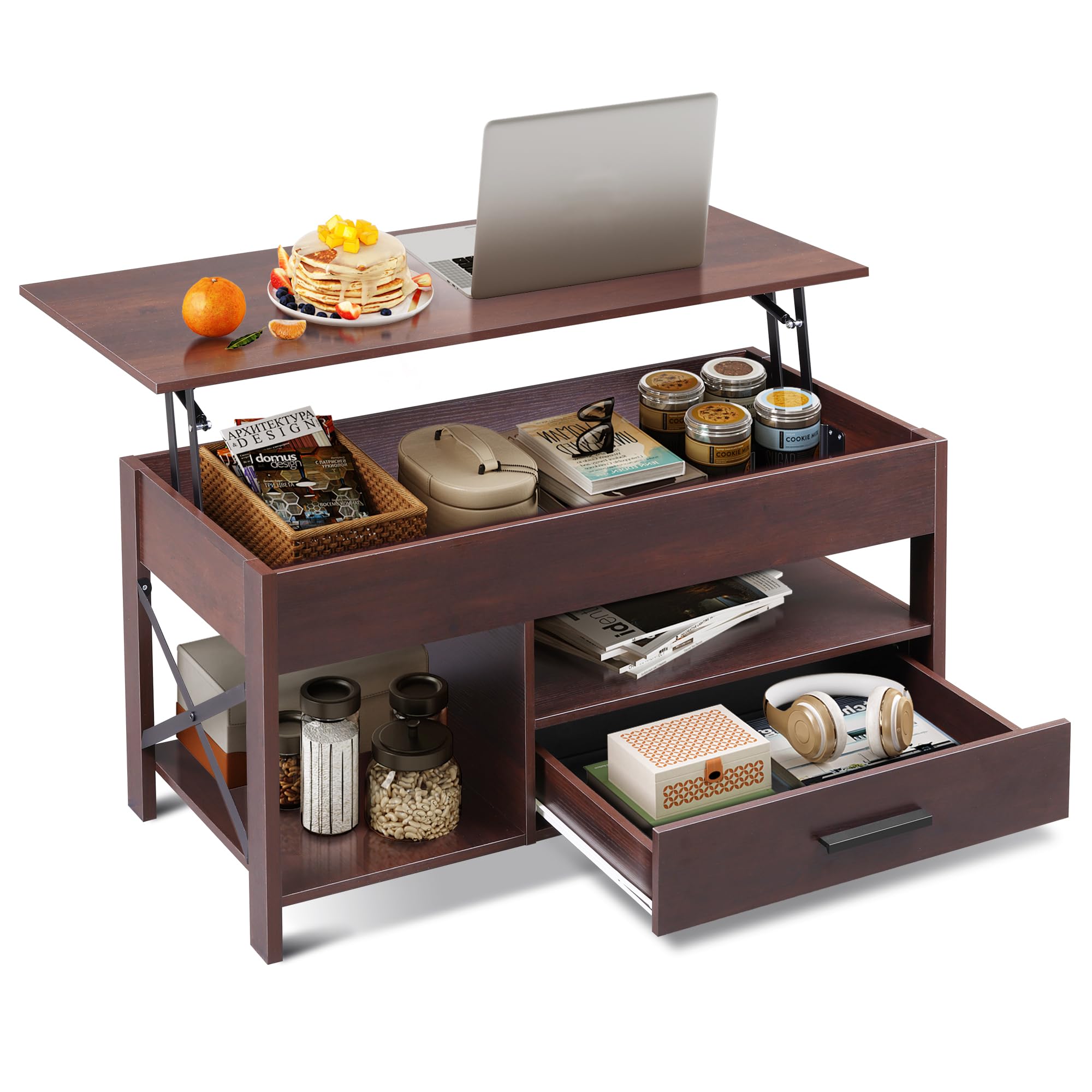 WLIVE Coffee Table, 39" Lift Top Coffee Table with Hidden Compartment, Storage Drawers and Storage Shelf for Living Room, Reception Room, Espresso