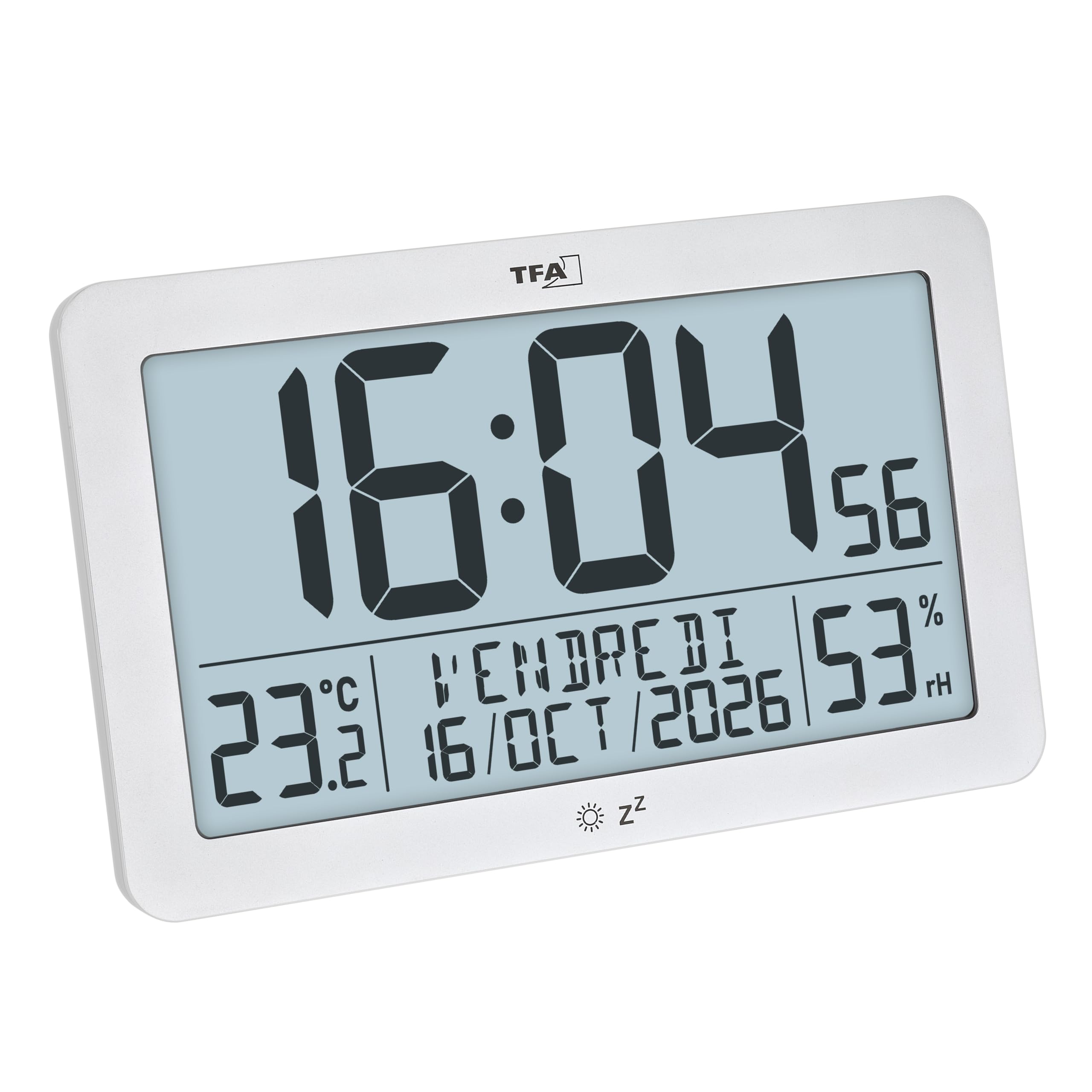 TFA Dostmann Horloge Murale Moderne, numérique radiocommandée, température ambiante, humidité, 60.2568.02, Grand Format, Affichage du Jour, de la Semaine et de la Date, Fonction réveil, Blanc
