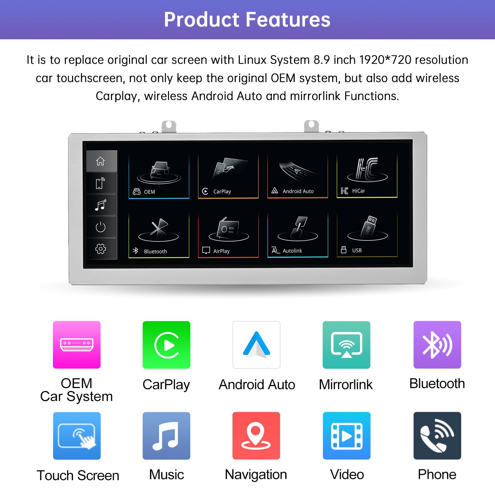 Road Top Radio de Coche Pantalla Táctil 8,9 Pulgadas Inalámbrica CarPlay Android Auto para Audi A4 2009-2015