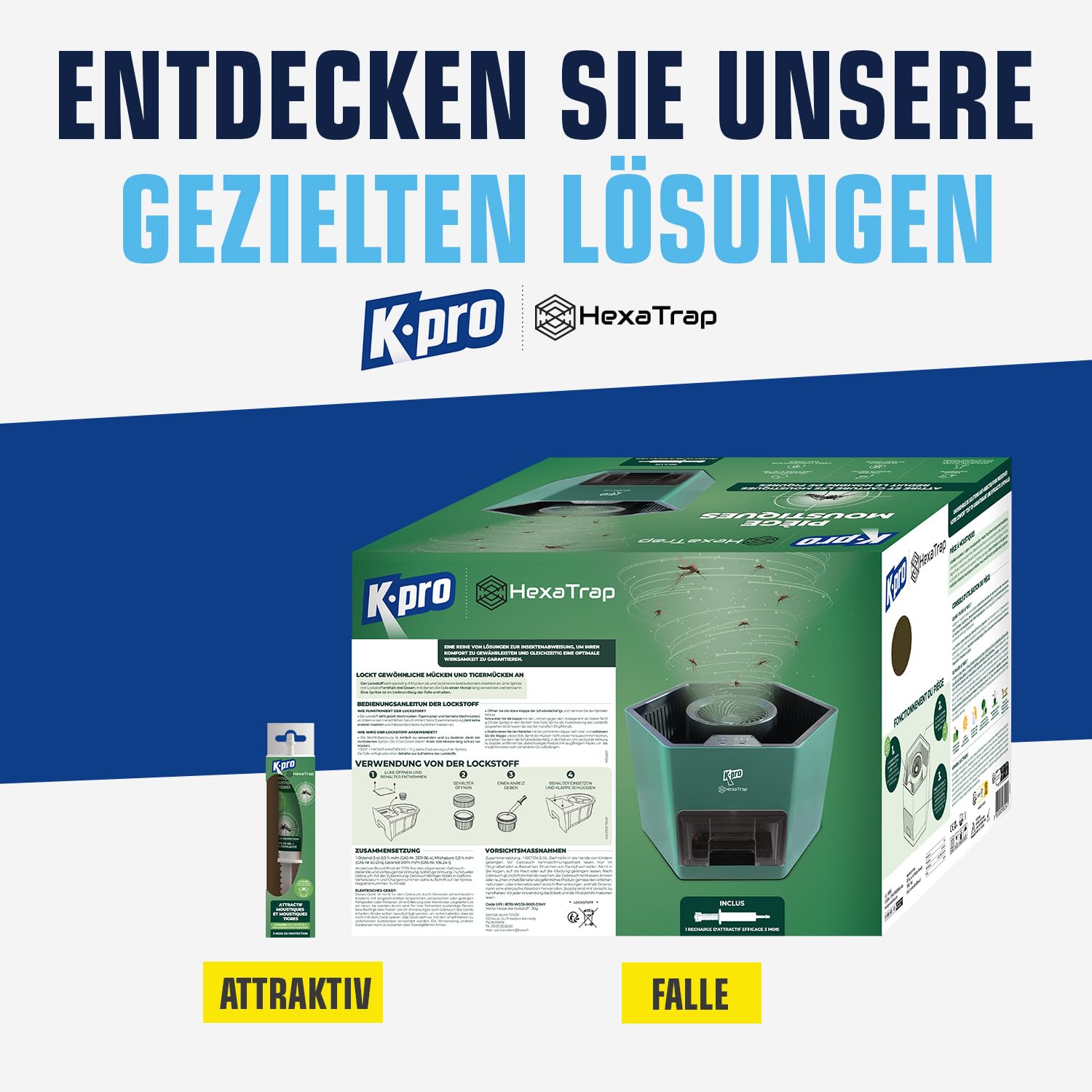 K.PRO Elektrische Mückenfalle + 1 Lockstoff-Spritze | Mücken und Tigermücken, lockt und fängt ein, Hexatrap, 3 Monate Ruhe, Verwendung im Freien, leise und geruchlos