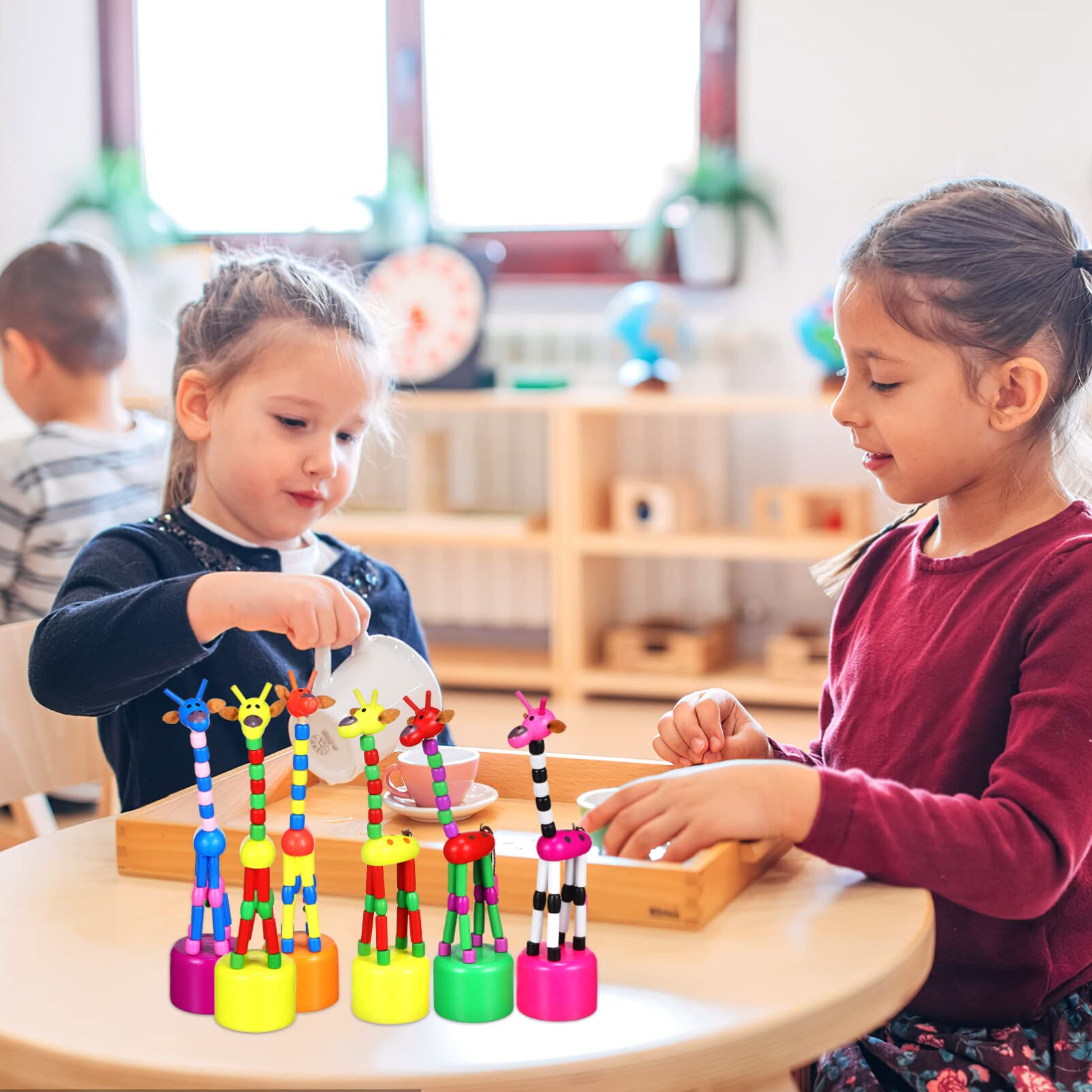 SAFIGLE 15 Pcs Bendable Wooden Giraffe Finger Puppets:Push Up Press Base Thumb Finger Puppets for Kids - Image 3