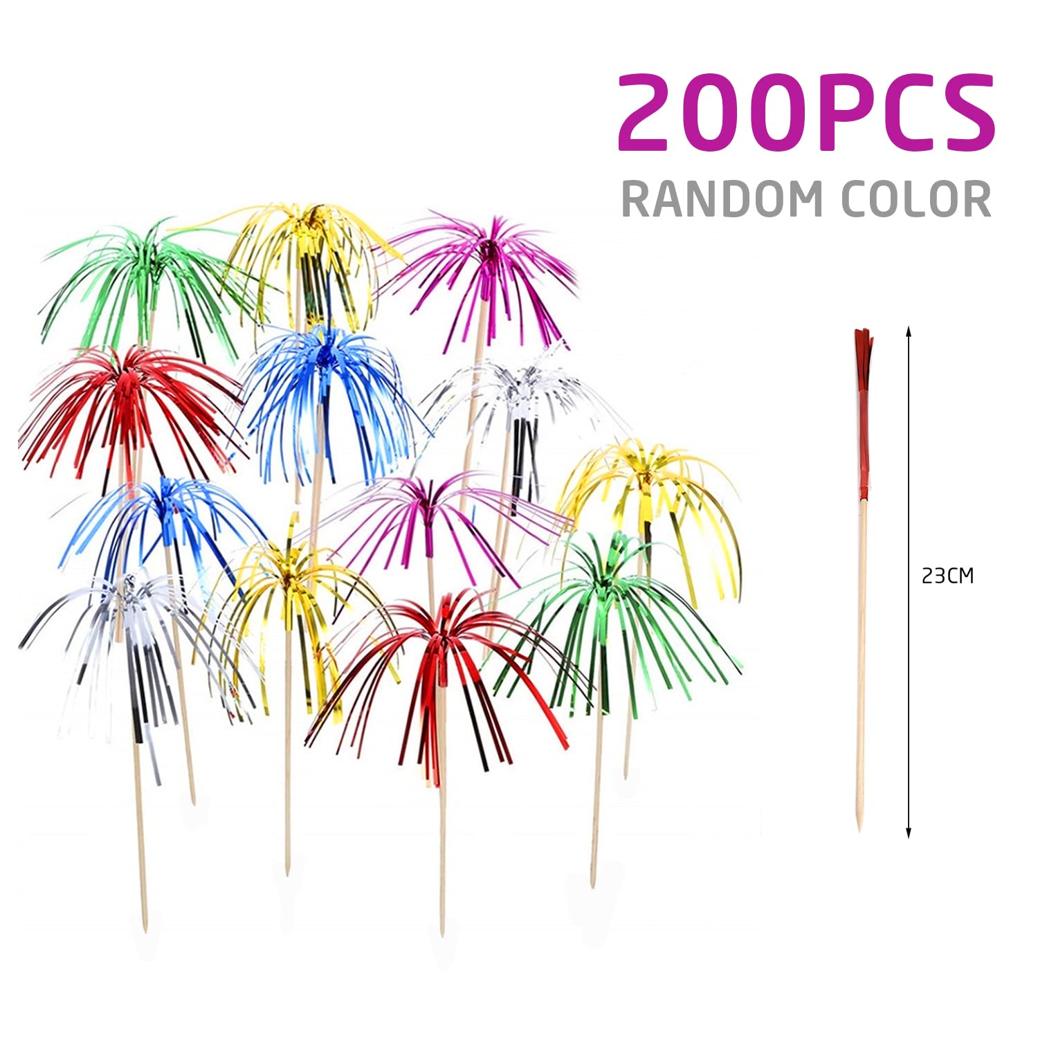 Pics à Bonbons 200 Pics à Cocktail En Bois - Forme Feu D'Artifice Multicolore - Pour Décorer Boissons, Cupcakes, Fruits - 23,5 Cm Pics à Cocktail Décoratifs