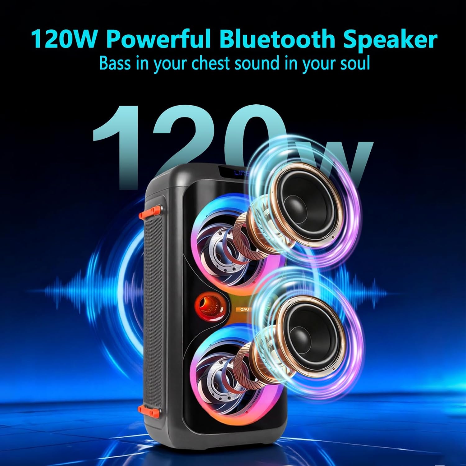 Bluetooth Speaker, 120W Peak Power Wireless Boombox Speakers with Deep Bass, Portable Loud Stereo Sound Large Subwoofer with Led Light Show for Party Outdoor Camping(Black) - Image 2