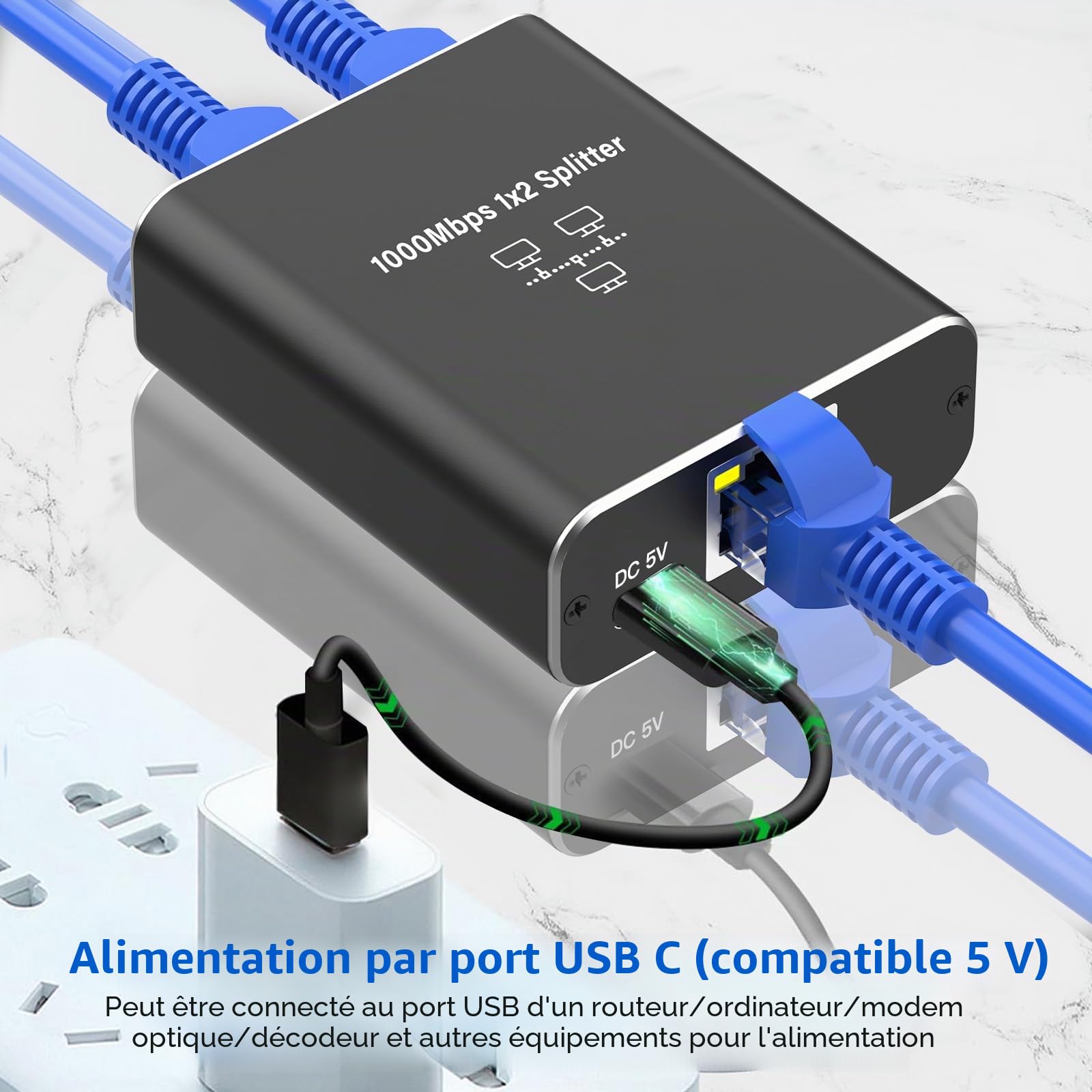 Switch Ethernet 2 Port, RJ45 Splitter 1000 Mbps, Gigabit Switch Ethernet RJ45 1 à 2 LAN Splitter pour Ordinateur, Hub, Commutateur, Routeur, Décodeur, Télévision Numérique, sans POE