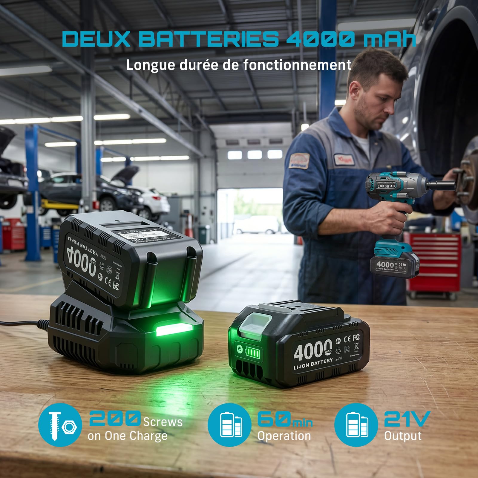 Seesii 1200 N·m Clé à Chocs Sans Fil Brushless, 1/2 pouce Boulonneuse a Choc Electrique avec 2x4.0Ah Batterie, Chargeur Rapide, Visseuse à Choc avec 5 Douilles pour la Voiture et la Maison