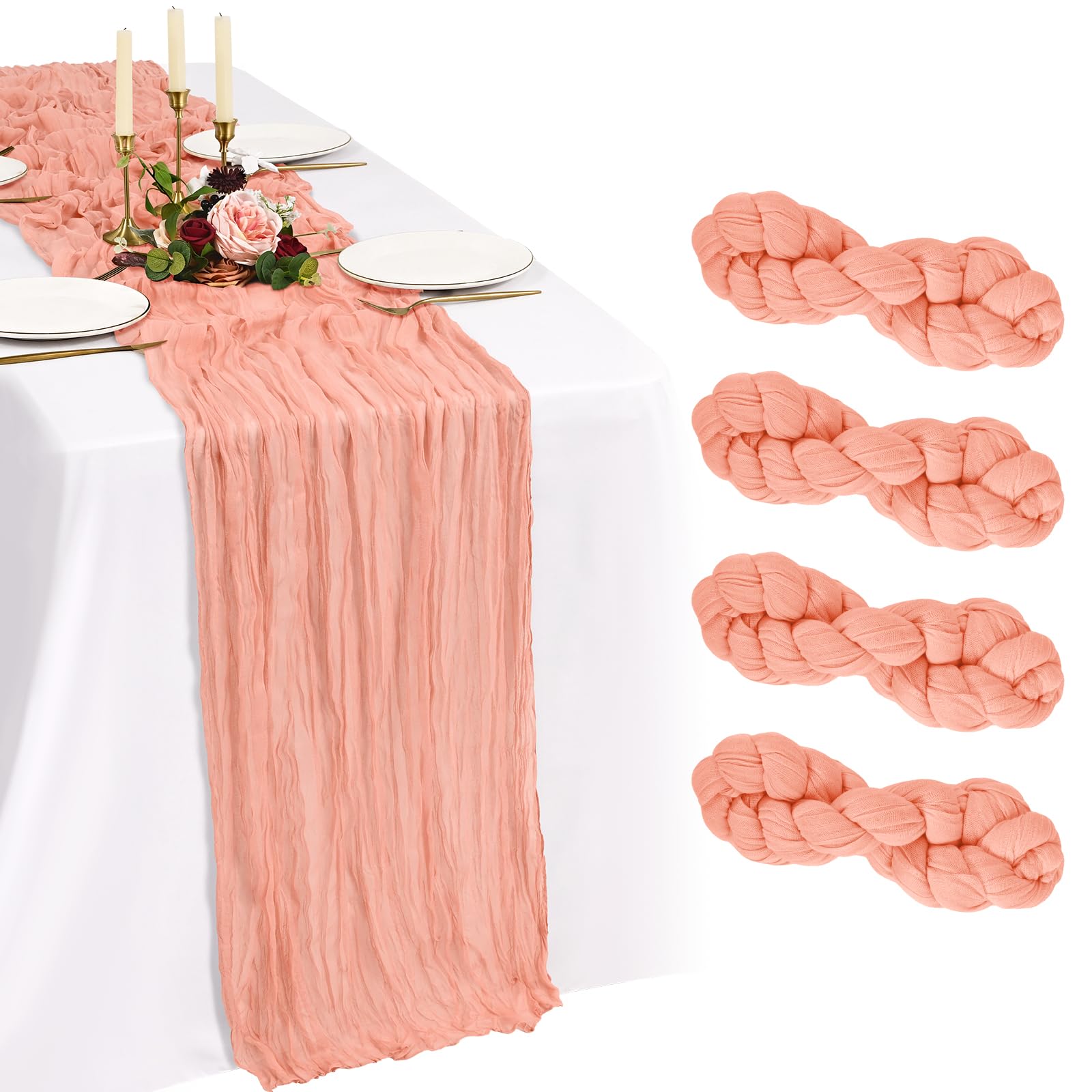 Showgeous Coral Cheesecloth Table Runner 90x300cm, Boho Gauze,4 Pack