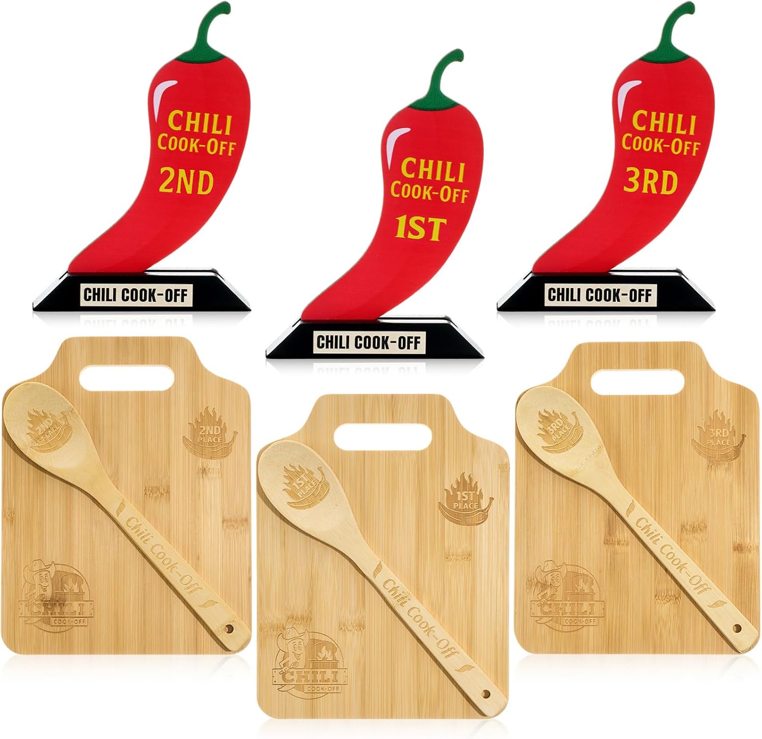 3 Set Chili Cook Off Trophies Prizes 3 Wooden Cutting Boards with Handle 3 Wooden Spoon 3 Chili Cook Off Trophies Awards 1st 2nd 3rd Place Competition Gifts for Men Women Festivals Prizes